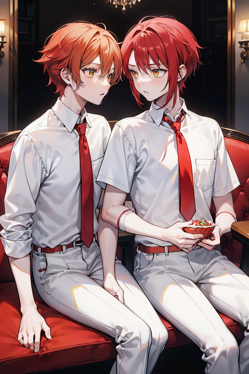 Have them sit down to eat Hmm twinks male people Red short hair yellow eyes White pants gray shirt red necktie
