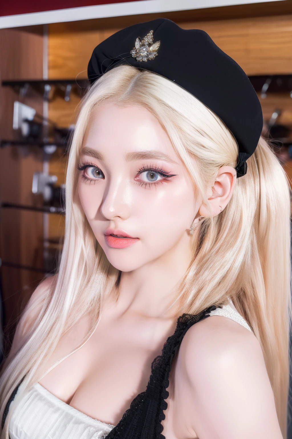 (8k, 4k, best quality, highres, ultra high res:1.1), (masterpiece, realistic, photo-realistic:1.1), 1girl, face, close-up, twintails, blonde hair, black eyes, red lips, (Looking in the audience:2),Absurd long hair,long eyelasher,eye shadows,petty face,largeeyes,exposed bare shoulders,hight contrast,PC Wallpapers