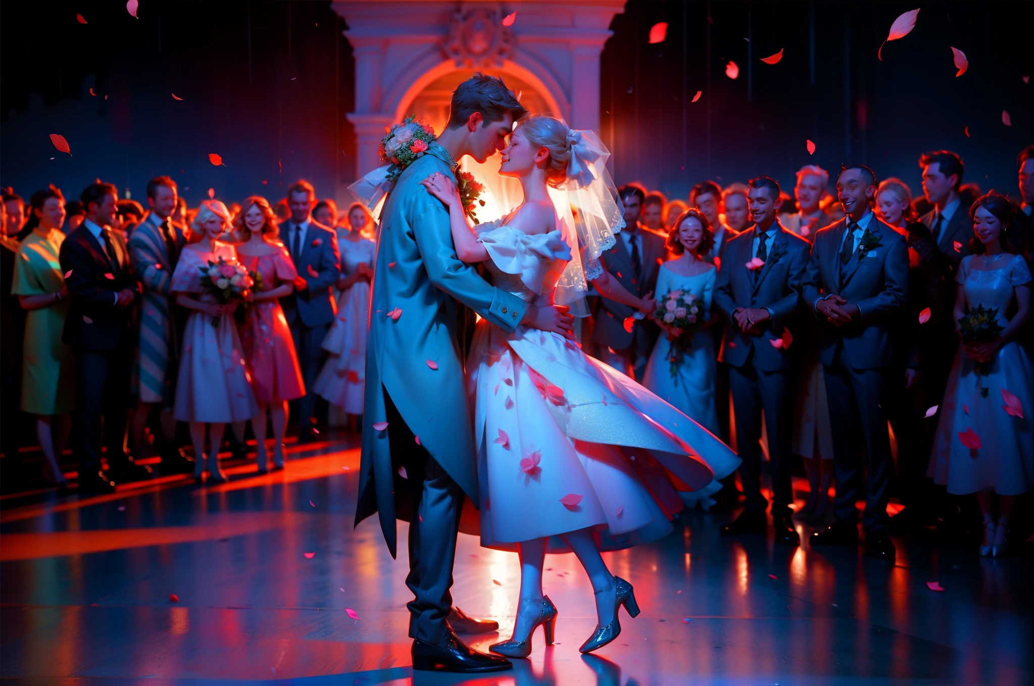 A wedding couple dance surrounded by friends and family, outdoors, confetti and petals rain down on them, feeling of love, happiness, community