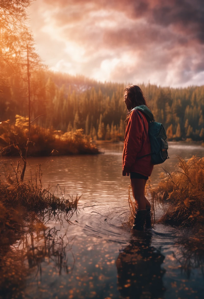 nice ass, Sad girl standing by the water in the forest at sunset