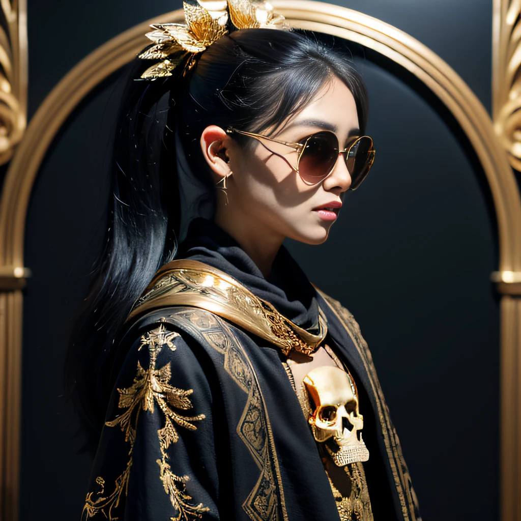 ponds,32K(tmasterpiece,k hd,hyper HD,32K)Burgundy double ponytail,flower stick,Indigo Skull King ,Hold the heavy wooden steering wheel (The skeleton is realistic:1.4),Python pattern robe,Rusty skull ornaments,Sargin linen cloak,Petals flutter,Deep gold sunglasses,Hold your head high,Be proud,The nostrils look at people,A primary and secondary school student, A high resolution,Xueba, the detail, RAW photogr, Sharp Re, Nikon D850 Film Stock Photo by Jefferies Lee 4 Kodak Portra 400 Camera F1.6 shots, Rich colors, ultra-realistic vivid textures, Dramatic lighting, Unreal Engine Art Station Trend, cinestir 800,Hold your head high,Lateral face,Be proud,The nostrils look at people,Tsundere,Petals flutter,Petals flutter,Sprinkle with gold dust,Fluttering,Impeccable,( reasonable design, Clear lines, High sharpness,Best quality, Very detailed skeleton, The skeleton of a masterpiece, offcial art, movie light effect, 8K skeleton(((Platinum marble sunglasses)))Deep gold sunglasses,Side portrait
