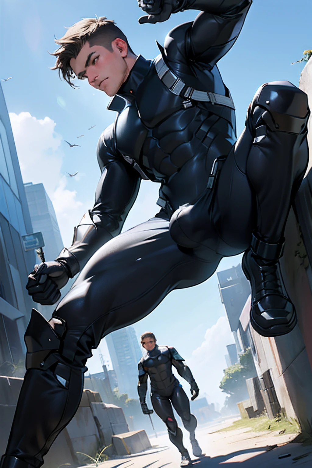((Best Quality, 8K, ultra-detailed, Masterpiece: 1.3)), 1boy, shiny skin, sharp, Perfect Body Beauty, realistic shaded perfect body, (cute baby face:1.1),("bodysuit, techwear,big bulge ":1.2),("leggins , armor":1.1),("glove, armor":1.1 ),(techwear)(dynamic pose:1.1), thigh , battle field , (bulge focus:1.2)
