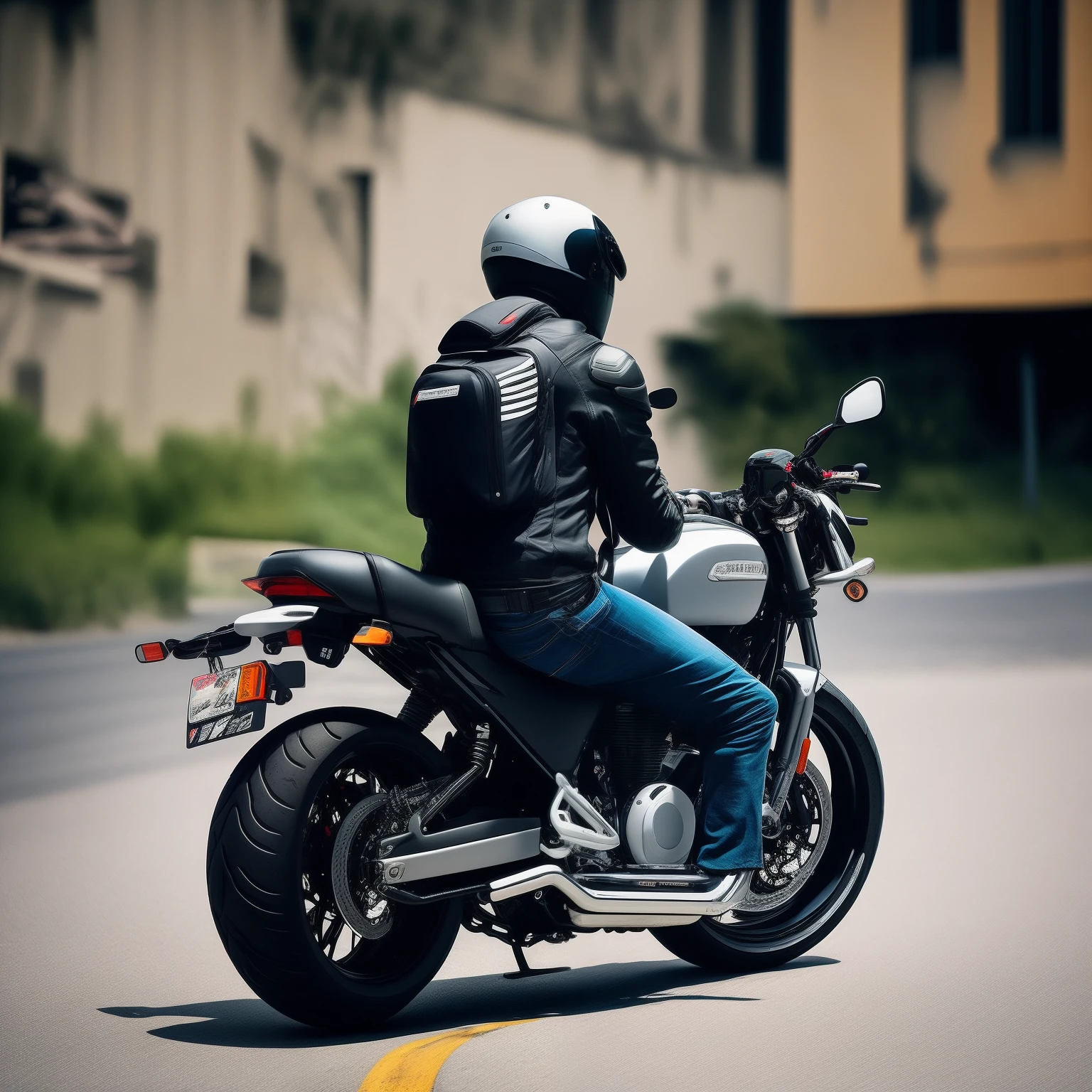 the motorcycle,Work,Gray backpack,black cloaths,Flash 350,Heading the wind