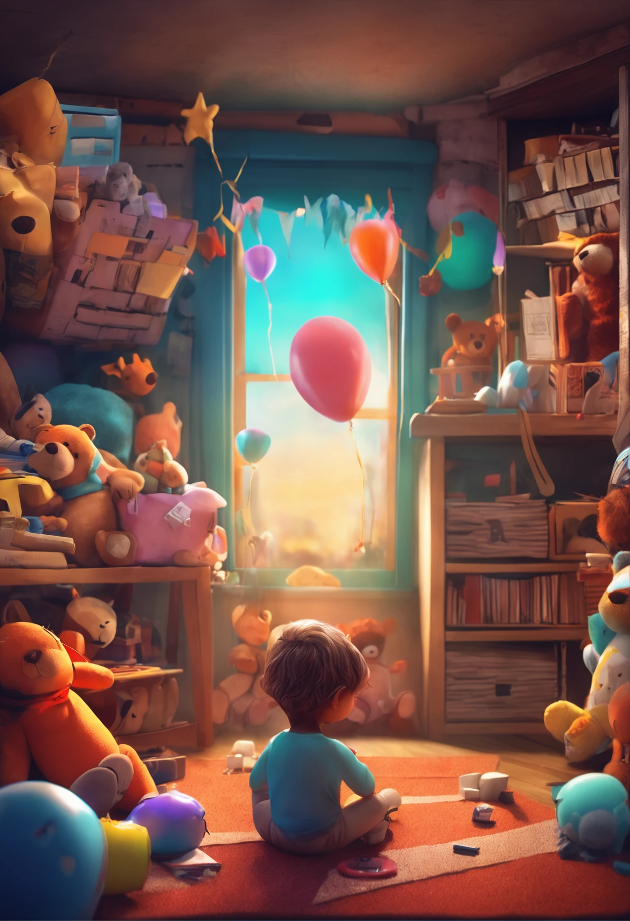 A big picture with bright and fun sky. Has a reading a book, Where the child is sitting there are teddy bears and toys. The child occupies 20% da imagem.