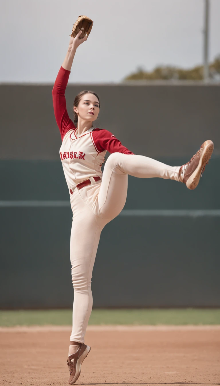 A female baseball player throwing a ball (she is in ballerina pose with her leg raised high and her foot pointing up, grand battement)