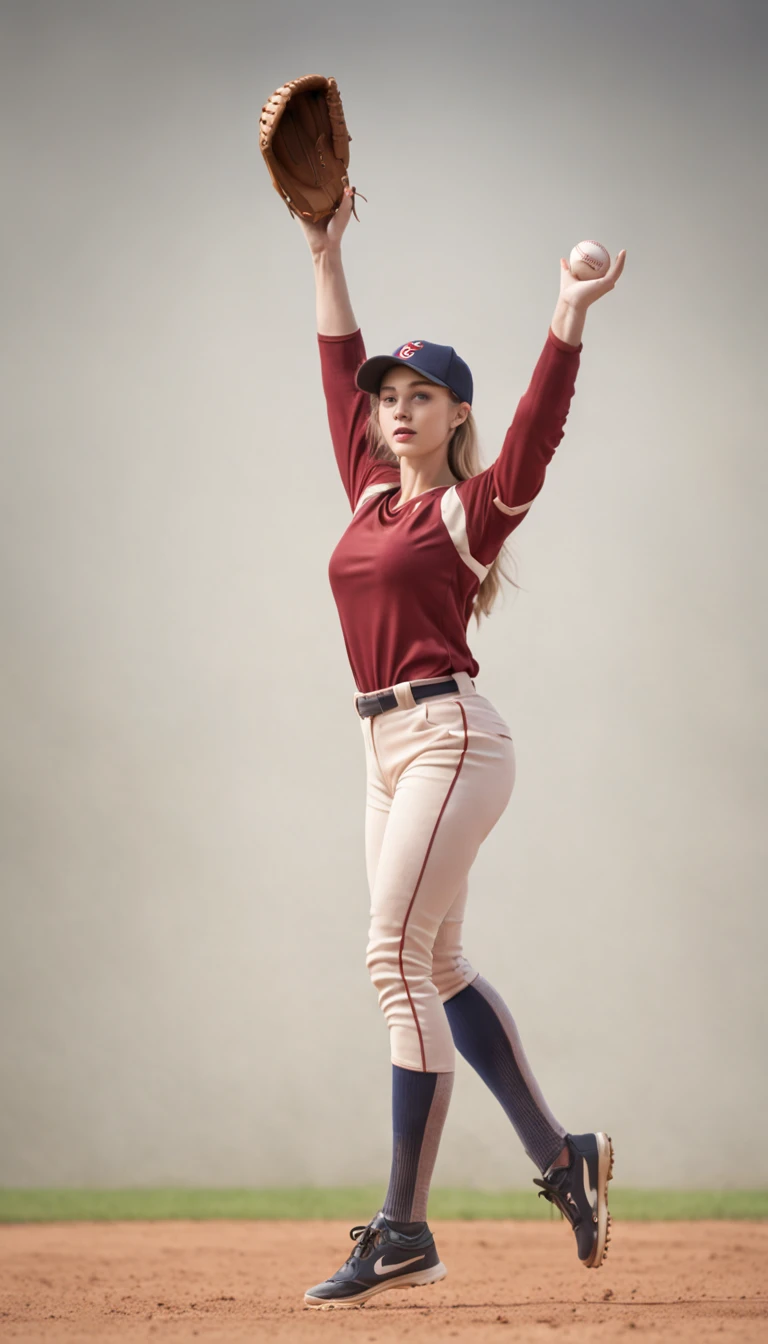 A female baseball player throwing a ball (she is in ballerina pose with her leg raised high and her foot pointing up, grand battement)