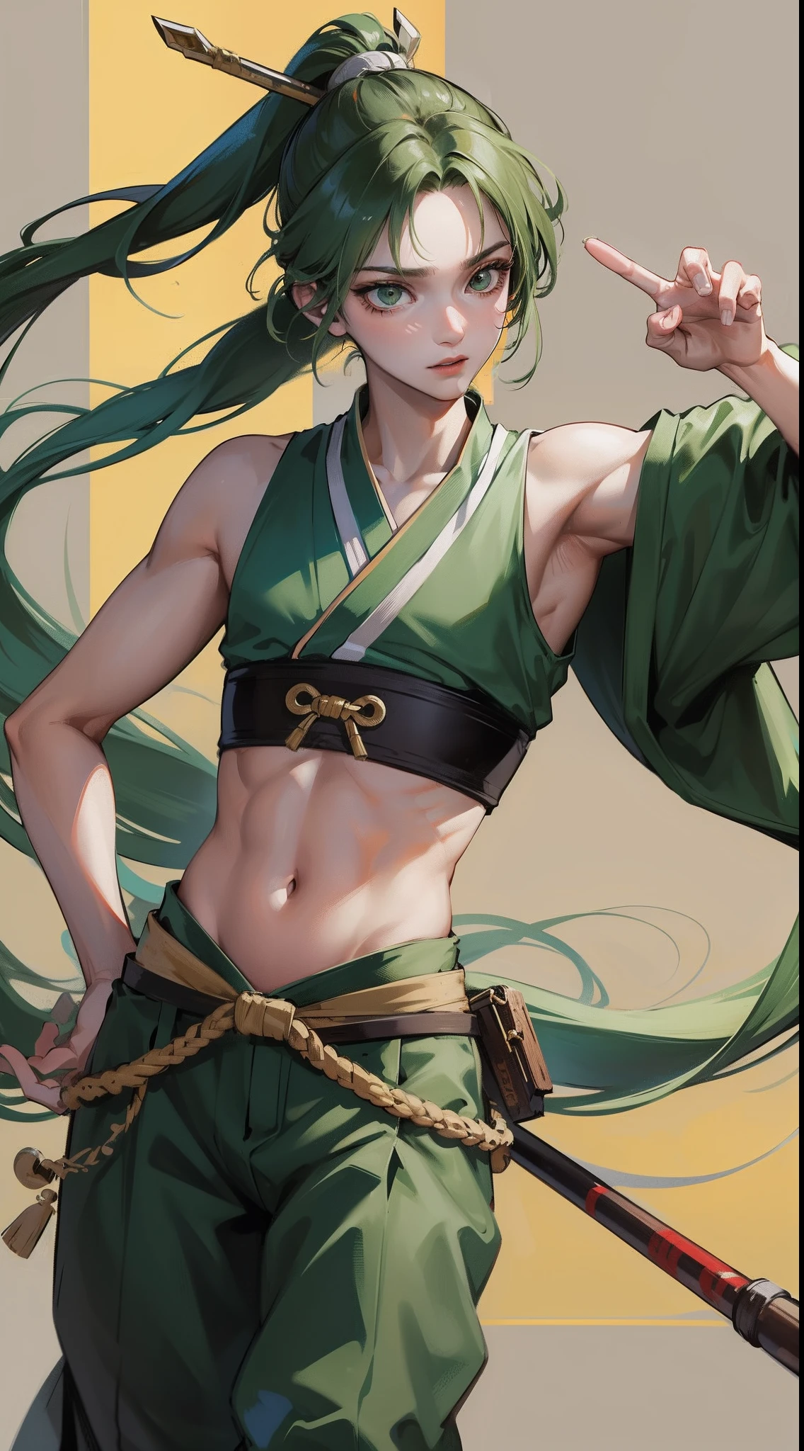 young boy, long dark green hair, high ponytail, Green eyes, Battle with Hanfu, Sleeveless, open belly, pants, Masterpiece, hiquality