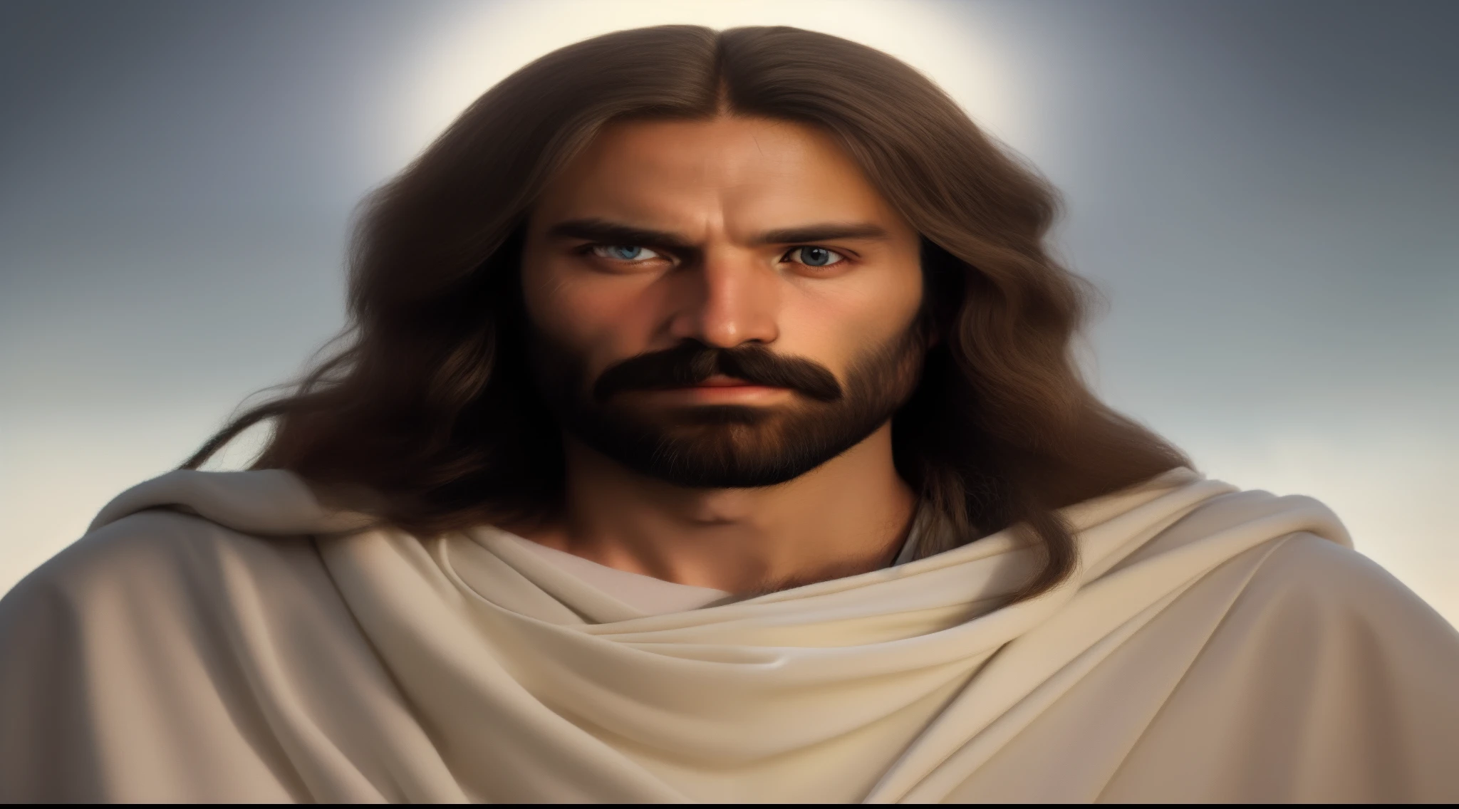 Realistic image of Jesus Christ, serene face, long hair, beard and mustache, wearing light clothing