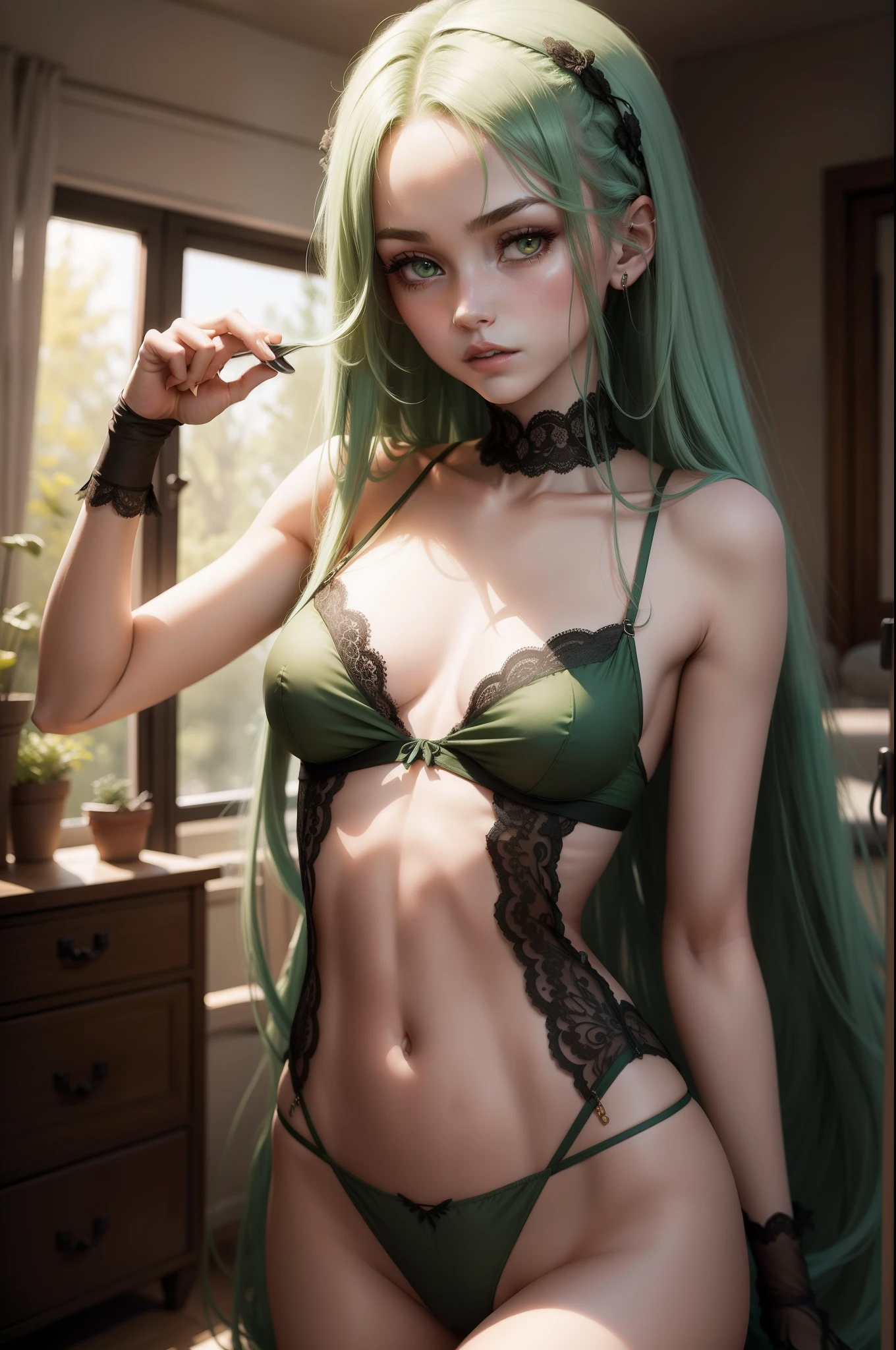 Girl with long green hair, Slim, pretty, little chest, no lingerie