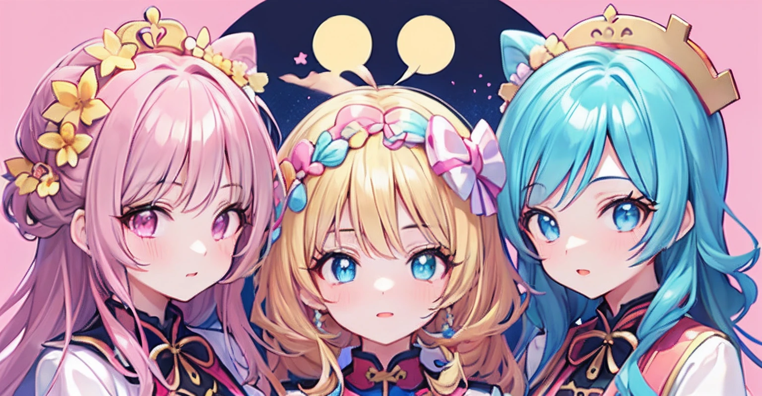 master part, (2meninas e 2meninas e 2meninas e 2meninas), idolmaster, Closeup, olhos grandes, de uniformes escolar, cabelos cacheados fofo, pastels colors, best quality, Feliz, Fundo profundo, symmetric, bowed head, 夏天, cobrir, title