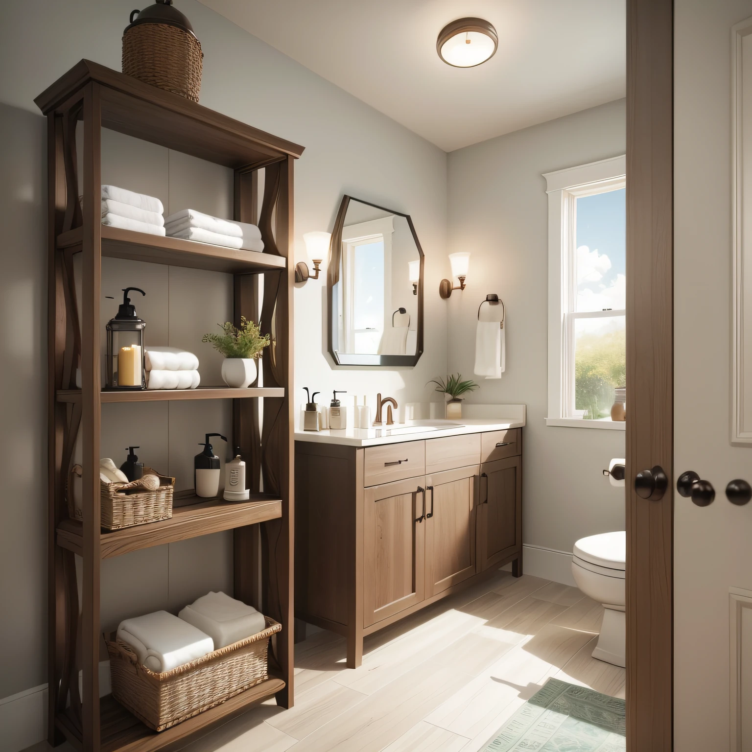 bathroom wood tile with  Shelving and Accents