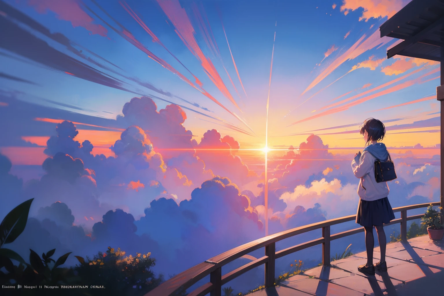 Create an exquisite illustration reminiscent of Makoto Shinkai's style, characterized by its superfine detail and top-tier quality. Your task is to skillfully capture the entrancing essence of a nostalgic scene where the horizon seamlessly melds with a vast expanse of clouds during sunset. Infuse the artwork with a warm and enchanting atmosphere, painting the sky in hues of golden radiance that illuminate the entire scene. Your goal is to evoke the feeling that the world is cocooned in an eternal brilliance, transcending the boundaries of time. Transport your viewers to a realm where reality harmonizes with fantasy, as if they are gazing upon a landscape born from dreams that stirs the deepest emotions. This artwork should bring serene beauty to life, depicting an evening suspended over an endless sea of clouds.