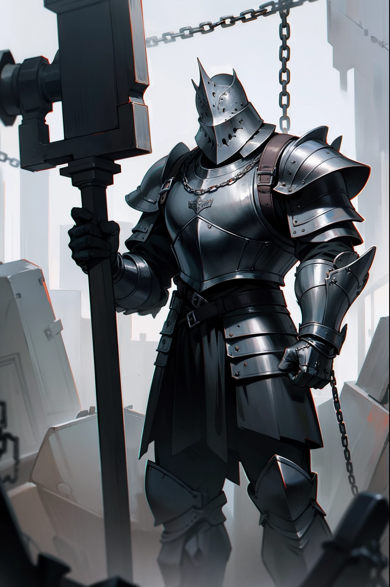 Wearing Gothic armor,Hand-held chain hammer,Standing,Strong man,without showing face