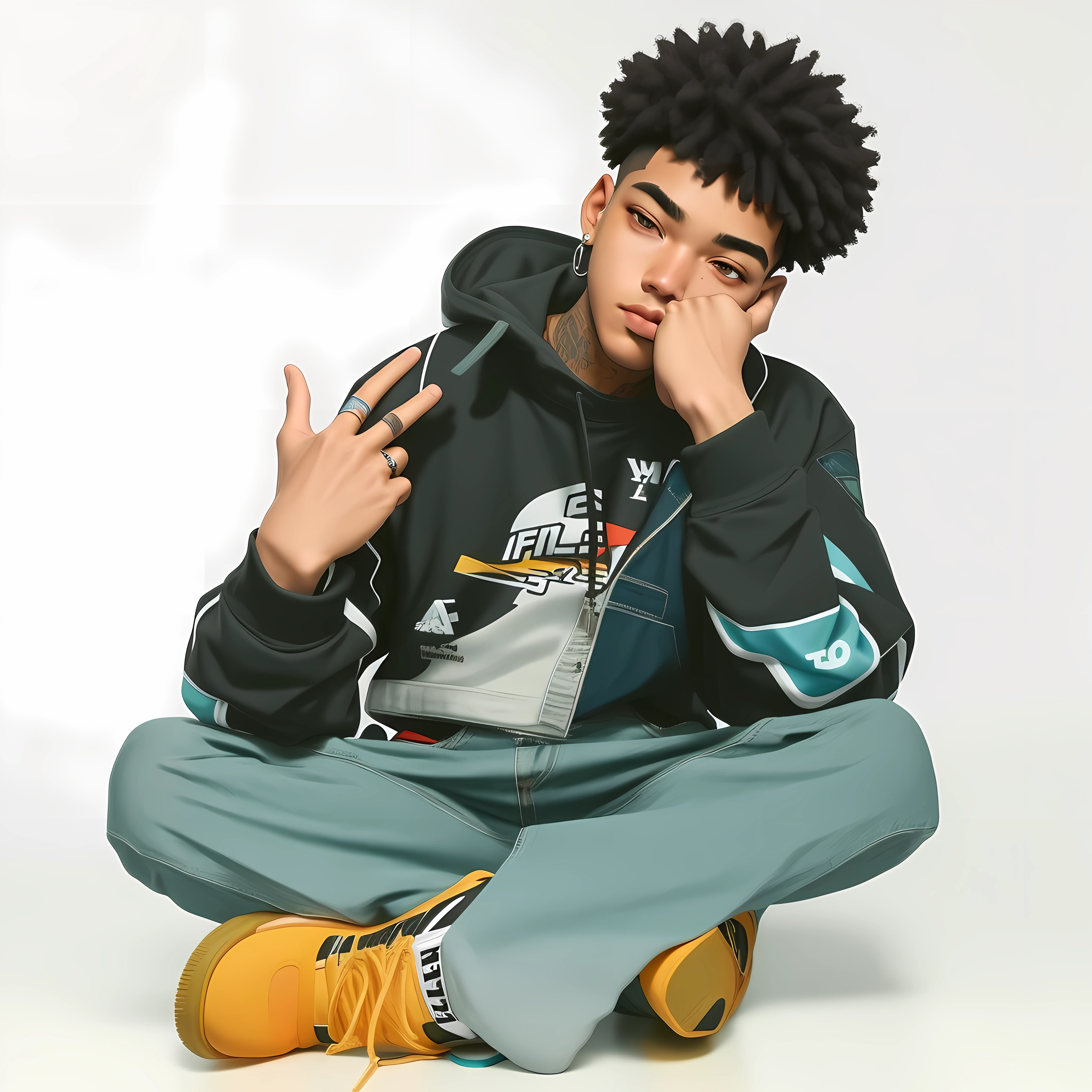 There is a young man sitting on the floor with his hands on his face, foto em estilo de Tyler Mitchell, Ashteroth, 2 1 selvagem, Sem estilo Tyler Mitchell, xxxtentacion, com o dedo indicador, teddy fresh, retrato de alta qualidade, complexo!!, Posar legal, Foto do perfil, olhar infantil, psicopata, Photo Session, Posar, arrepiante