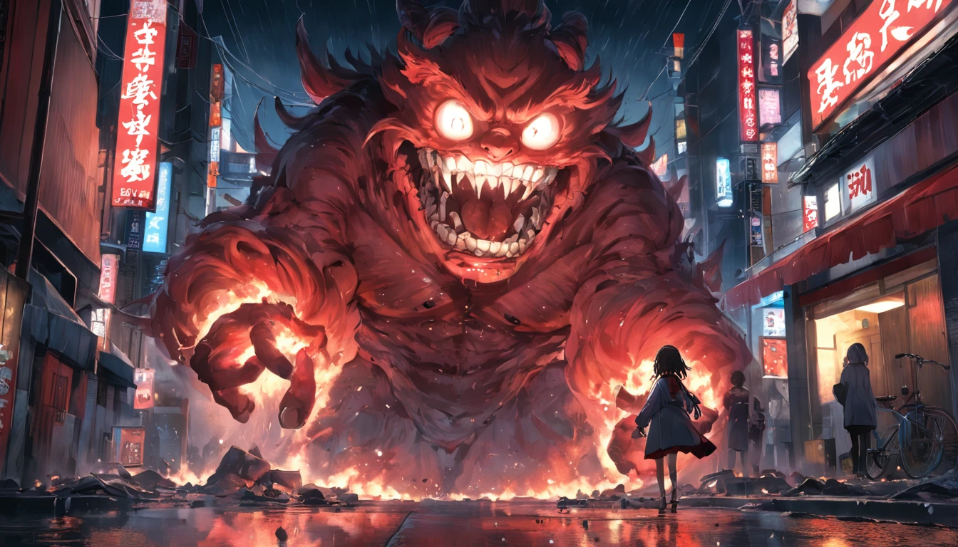 movie picture quality,Real Photographics,Hyper-realistic,scary movie lighting,(slimes:1.5),Extremely large,blood vess,frotting,Murderous,Raging on the streets of Tokyo, Japan,Destroyed buildings,Collapsed walls,fire glow,The frivolous clown kimono Japanese are on the run,depth of fields,high light,Real light,Ray traching,oc rendered,Hyper-realistic,best qualtiy,8K,Works of masters,super-fine,Detailed pubic hair,Correct anatomy,sharp focus on eyes,Bokeh,Facial features are carefully depicted