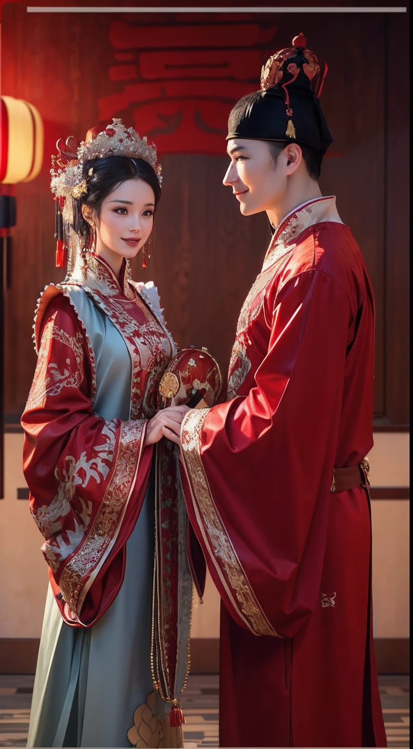 （Best quality: 1.1), (Realistic: 1.1), (Wedding: 1.1), (highly details: 1.1), 1 man and 1 woman get married，Stand in front of a Chinese-style building, closeup of face，Clear facial features，Happy smile, Look at each other affectionately，A man dresses in ancient costumes in red and gold，A woman wears a red-gold ancient long dress，with a crown on her head, Chinese courtyard in the background，Red lanterns，Super clear，8K