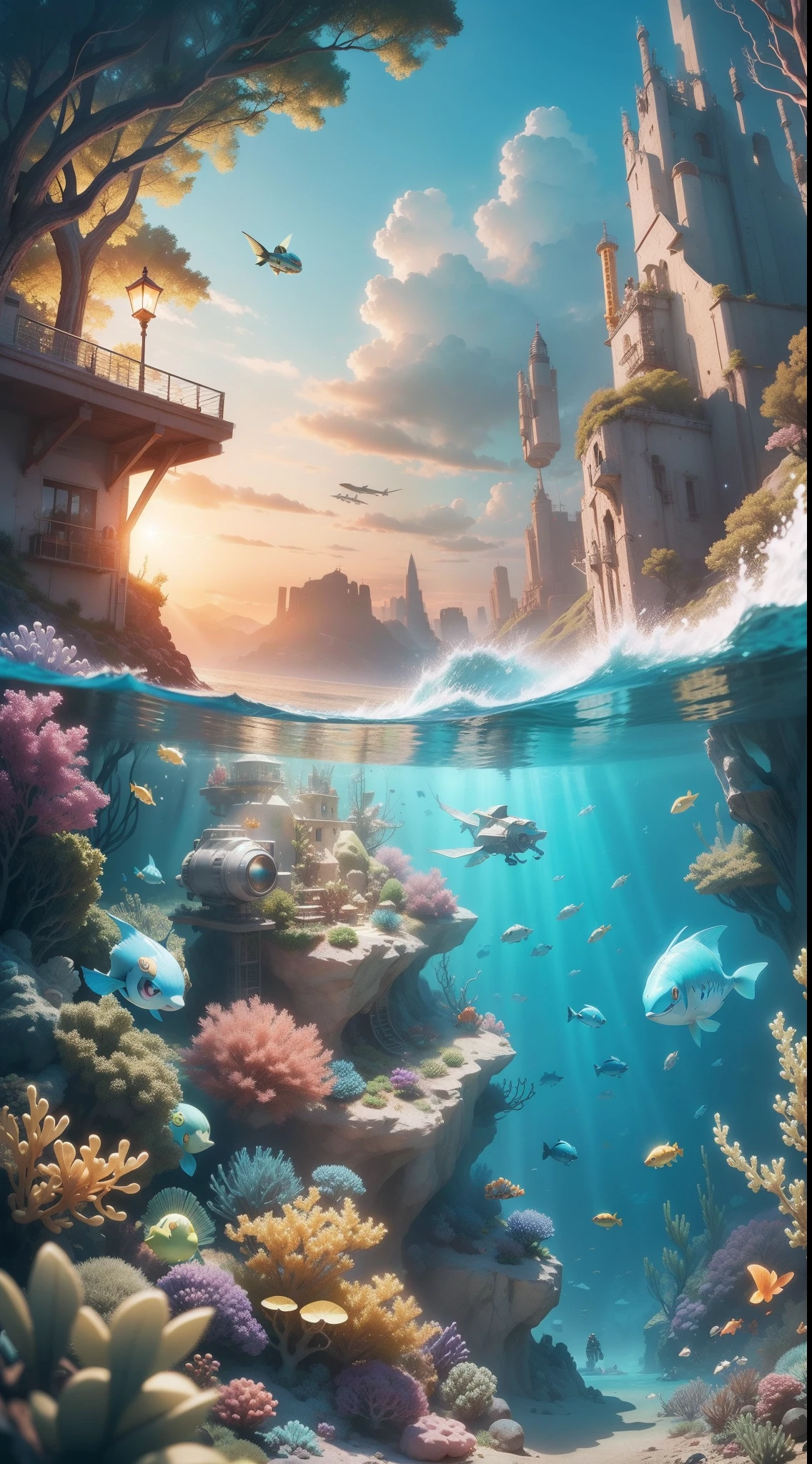 The scene is at the bottom of the sea，dive，searchlight，fish flocks，Pokémon, Mechaization, Cool, Figures, surrealism，Cinematic lighting, Sparkle, tachi-e, hyper HD, Anatomically correct, Masterpiece, High details, A high resolution