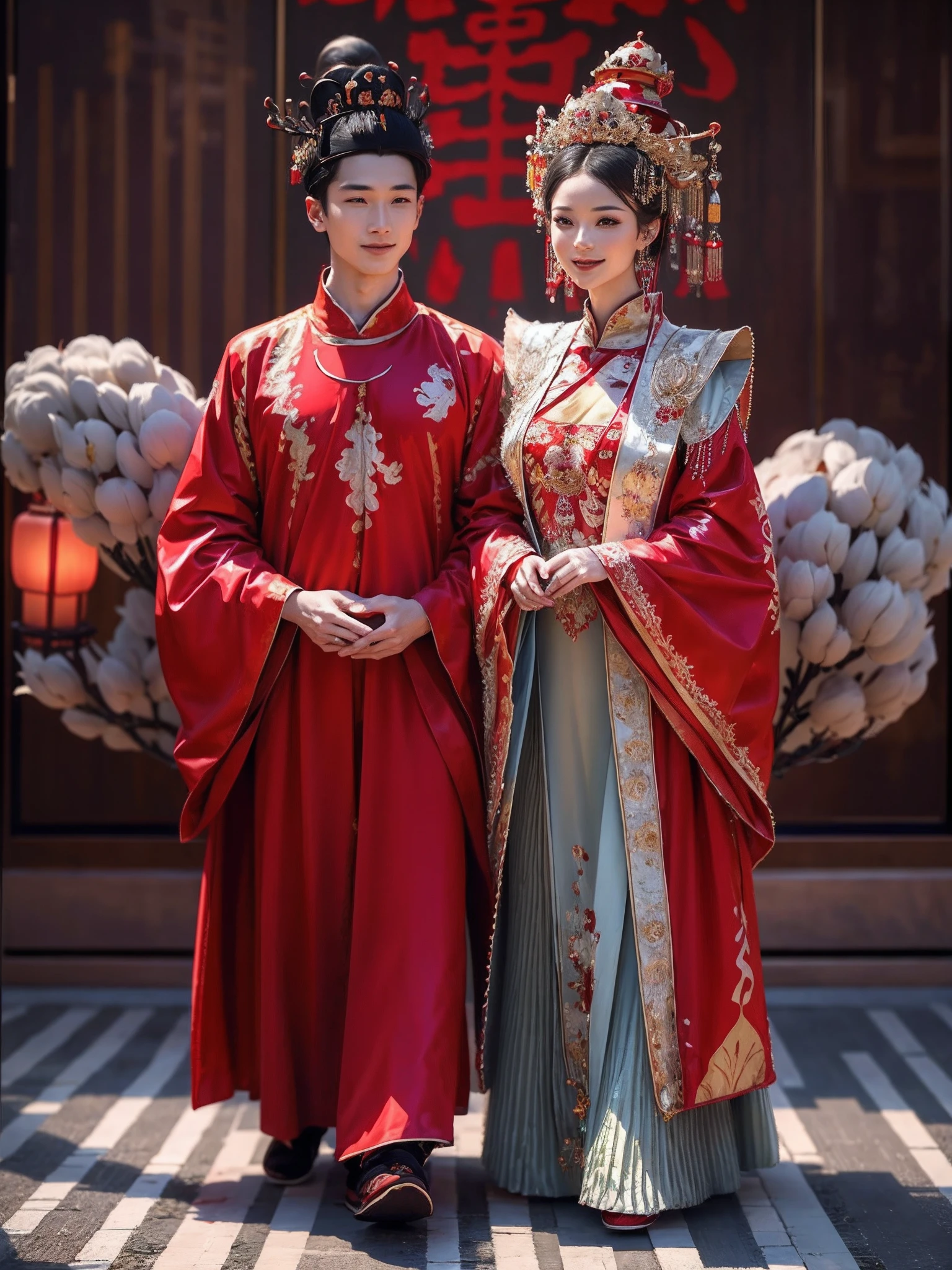 （Best quality: 1.1), (Realistic: 1.1), (Wedding: 1.1), (highly details: 1.1), 1 man and 1 woman get married，Stand in front of a Chinese-style building, closeup of face，Clear facial features，Happy smile, Look at each other affectionately，A man dresses in ancient costumes in red and gold，A woman wears a red-gold ancient long dress，with a crown on her head, Chinese courtyard in the background，Red lanterns，Super clear，8K