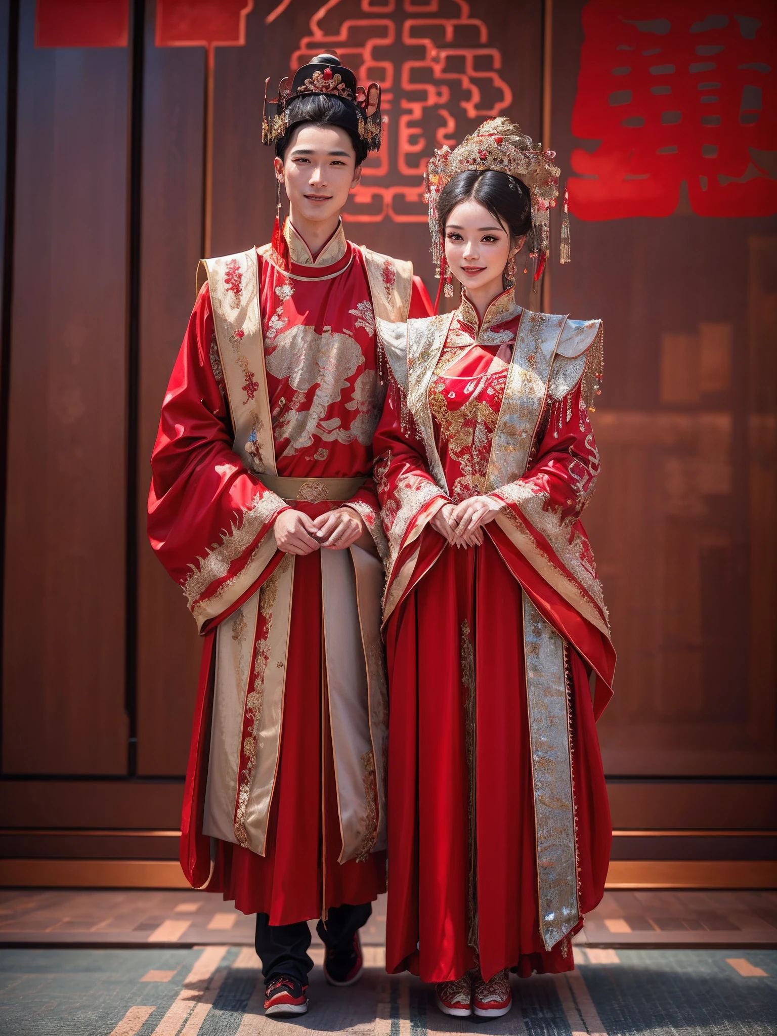 （Best quality: 1.1), (Realistic: 1.1), (Wedding: 1.1), (highly details: 1.1), 1 man and 1 woman get married，Stand in front of a Chinese-style building, closeup of face，Clear facial features，Happy smile, Look at each other affectionately，A man dresses in ancient costumes in red and gold，A woman wears a red-gold ancient long dress，with a crown on her head, Chinese courtyard in the background，Red lanterns，Super clear，8K