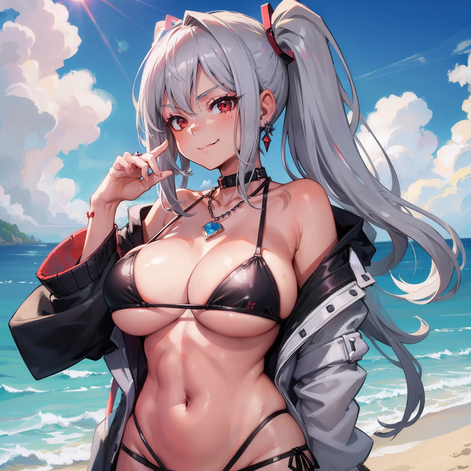 1girl, rich brat, sexy bikini, necklace, earrings, grey straight hair, medium hair, red eyes, big boobs, at the beach, sexy pose, smirking, looking at me