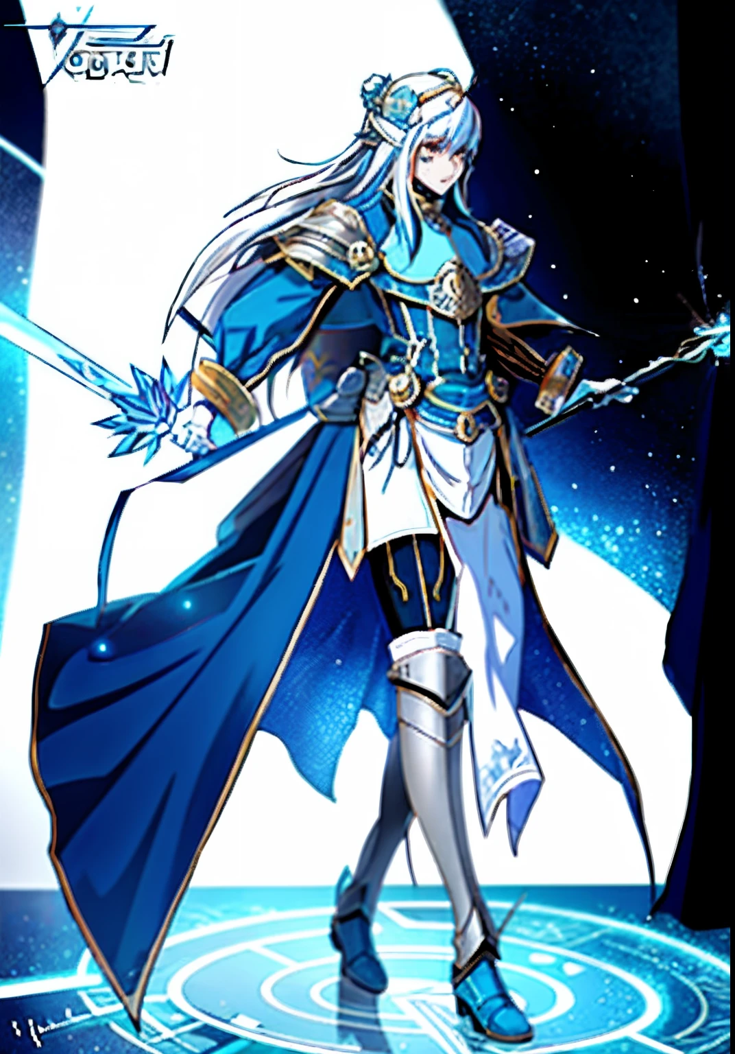 Personaje de anime con espada y armadura en fondo azul y blanco, fantasy paladin woman, Full portrait of the magic knight, knights of zodiac girl, epic mage girl character, gorgeous female paladin, Armadura de color azul y plata hielo, portrait knights of zodiac girl, Retrato completo de Elementalist, female paladin, Maga femenina!, Caballero Princesa Elfo, Vestido con armadura ligera