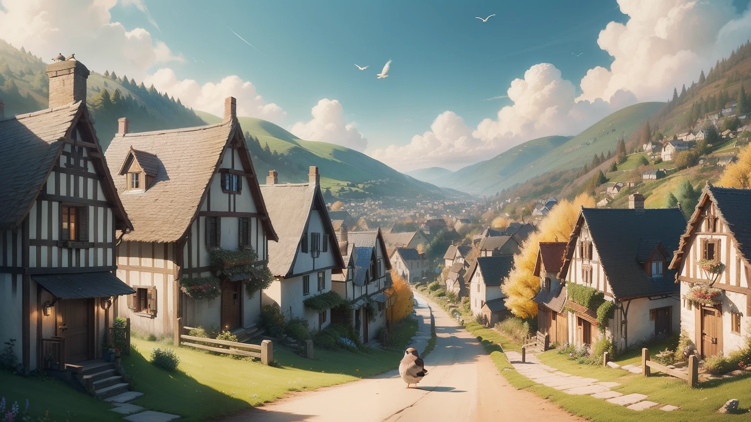 Craft an enchanting animation still that brings to life the village where rolling hills seamlessly blend into abundant orchards. Introduce viewers to Pip, a lovable small sparrow adorned with delicate blue wings, nestled within this heartwarming village. Let Pip's benevolent nature shine through as it interacts with its fellow avian friends and the villagers, showcasing its kind and gentle spirit.