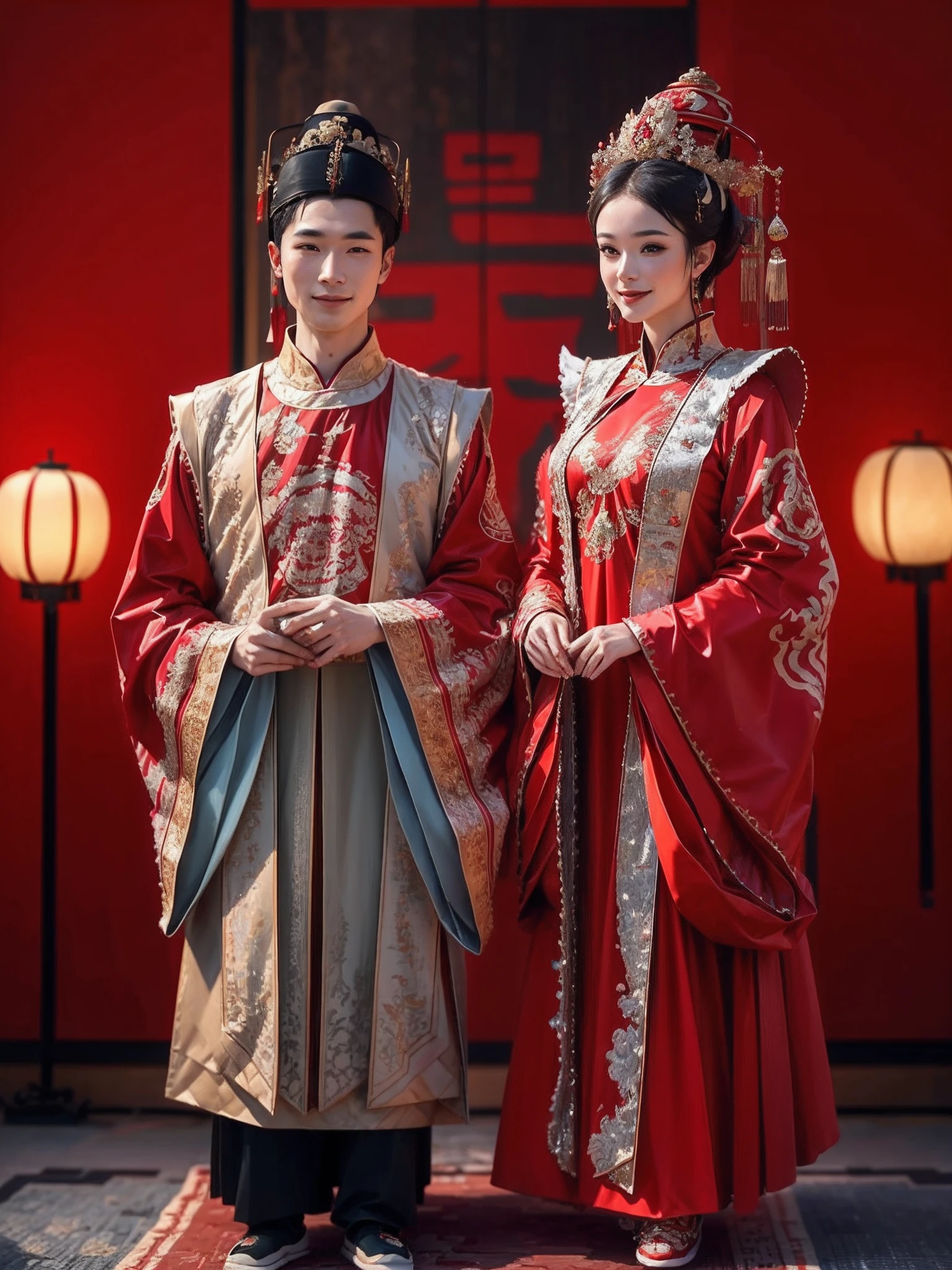 （Best quality: 1.1), (Realistic: 1.1), (Wedding: 1.1), (highly details: 1.1), 1 man and 1 woman get married，Stand in front of a Chinese-style building, closeup of face，Clear facial features，Happy smile, Look at each other affectionately，A man dresses in ancient costumes in red and gold，A woman wears a red-gold ancient long dress，with a crown on her head, Chinese courtyard in the background，Red lanterns，Super clear，8K