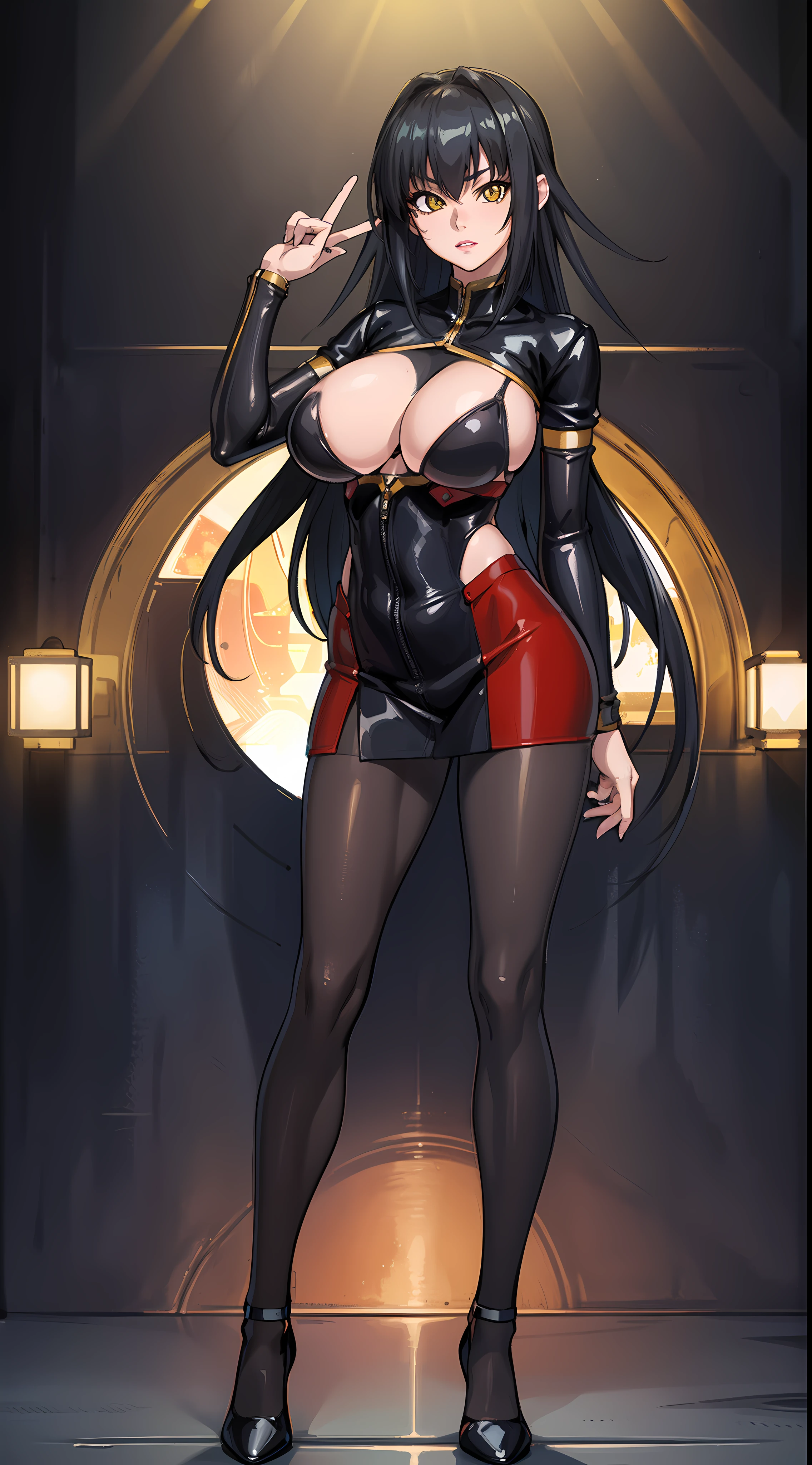 professional artwork, Intricate Details, field of view, sharp focus, detailed painting, photorealistic lighting, trending on pixiv, Standing at attention, black outfit ,yellow collared shirt,black and red bodysuit,skin_tight,black legwear, black pantyhose, Side_boob, black hair,very long hair, Bangs,yellow eyes,makeup, lipstick, 20yo,mature female,Beautiful Finger,Beautiful long legs,Beautiful body,Beautiful Nose,Beautiful character design, perfect eyes, perfect face, looking at viewer, NSFW,official art,extremely detailed CG unity 8k wallpaper, perfect lighting,Colorful, Bright_Front_face_Lighting, (masterpiece:1.0),(best_quality:1.0), ultra high res,ultra-detailed, hyperdetailed, photography, 8K, HDR, highres, absurdres:1.2, Kodak portra 400, film grain, blurry background, bokeh:1.2, lens flare, (vibrant_color:1.2) (Beautiful,large_Breasts:1.4), (beautiful_face:1.5),(narrow_waist), (solo:1.4), ((half body shot:1.4)), annerose:1, classroom