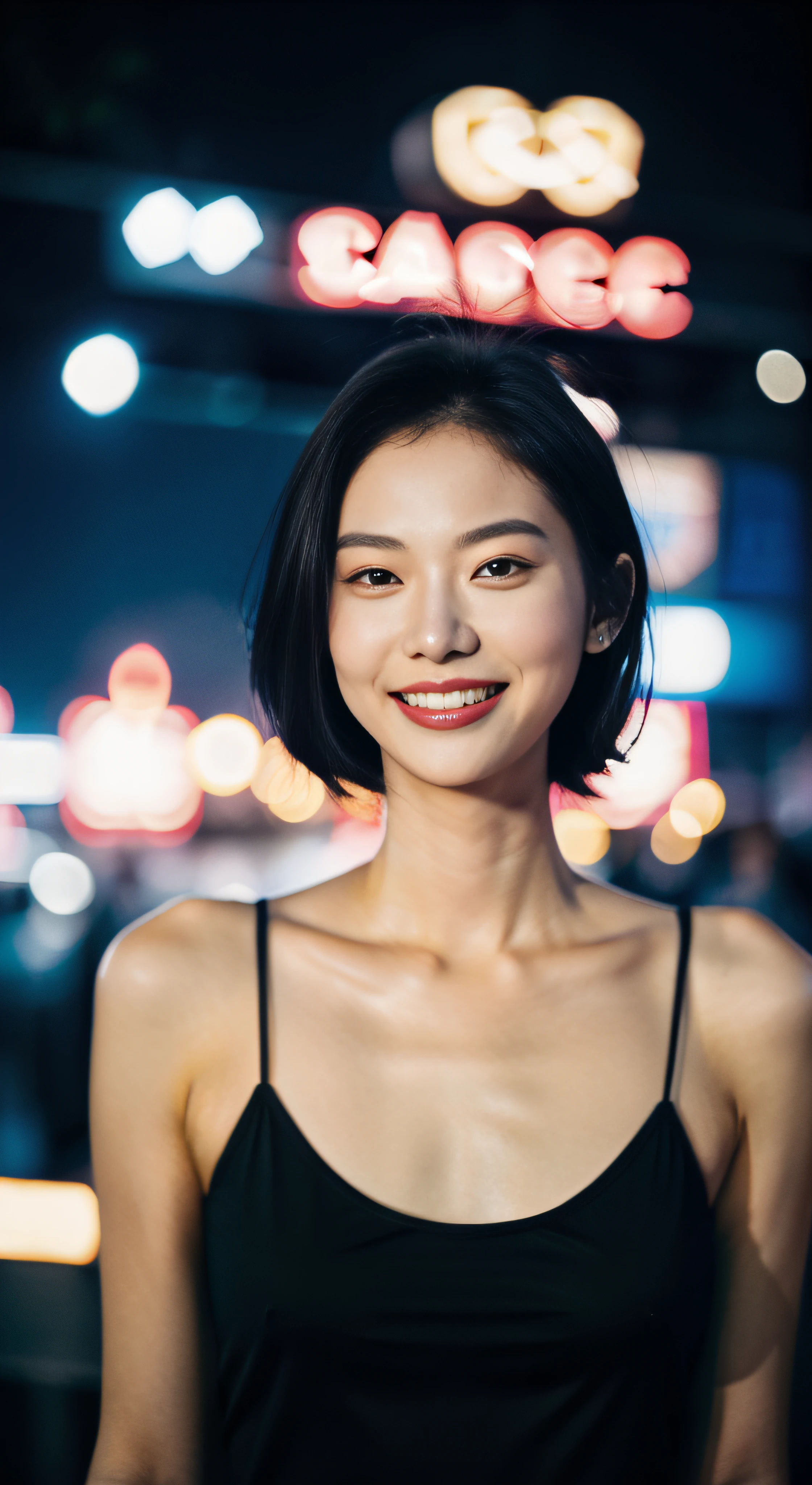 1girl, idol, model, depth of field, photo, film, face, skinny, smile, collarbone,  teeth, movie, camisole, selfie, night,