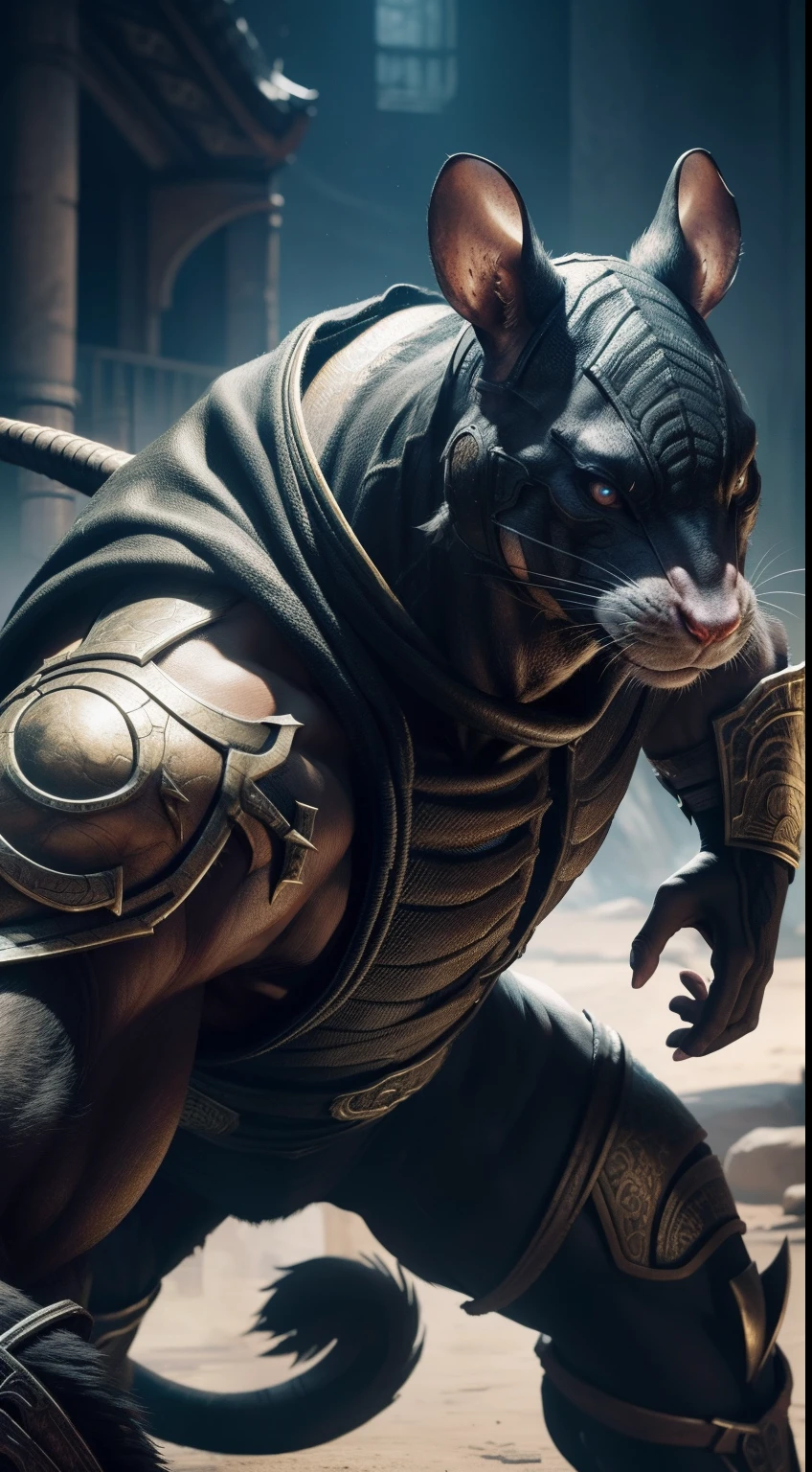 human body, rat face, mortal kombat style, battle stage background, Animal Anthropomorphism, realistic digital, humanoid, abstract background, global illumination, intricate, epic, dramatic, masterpiece, high detail, best quality, ultra high res