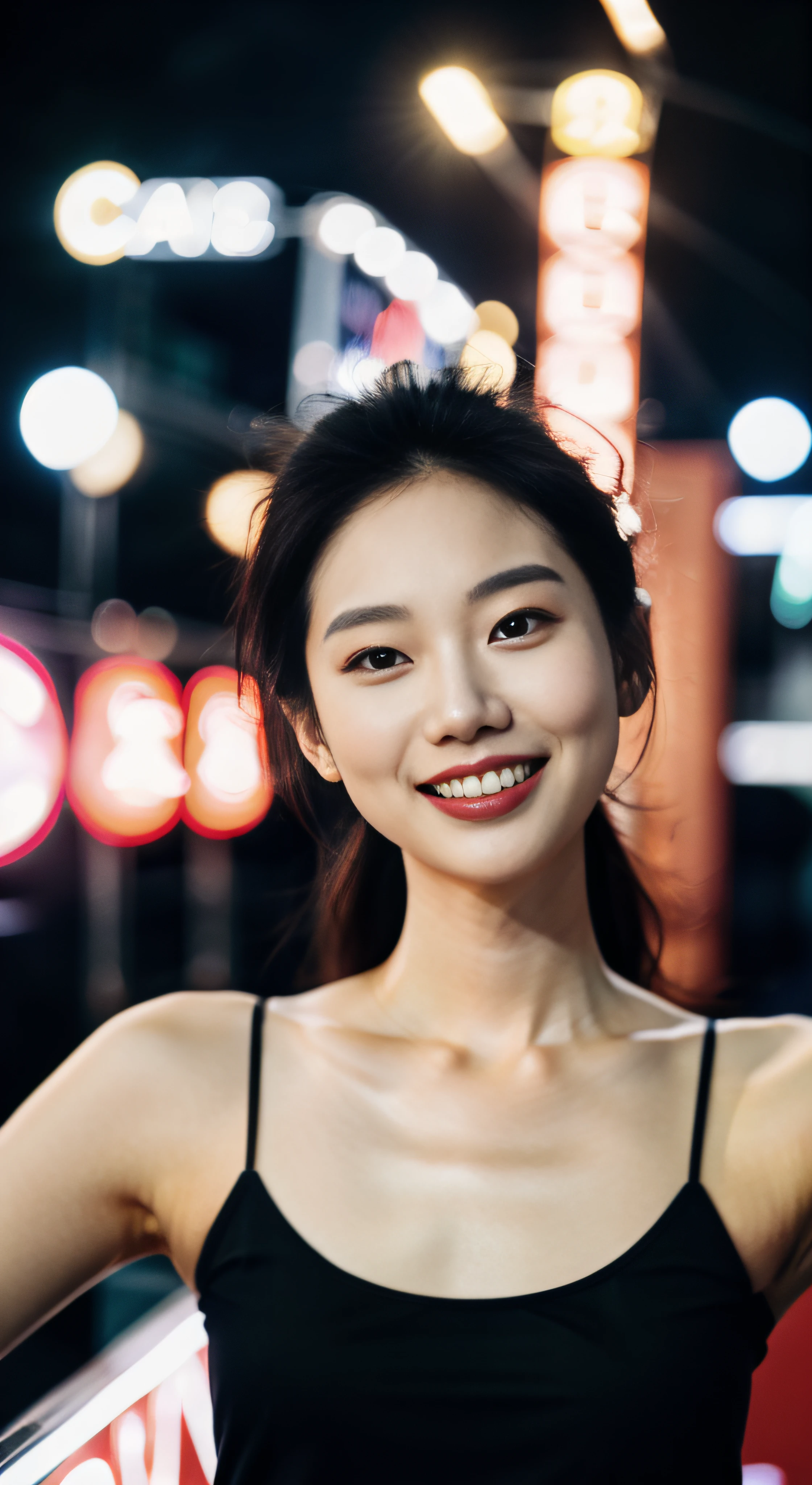 1girl, idol, model, depth of field, photo, film, face, skinny, smile, collarbone,  teeth, movie, camisole, selfie, night,