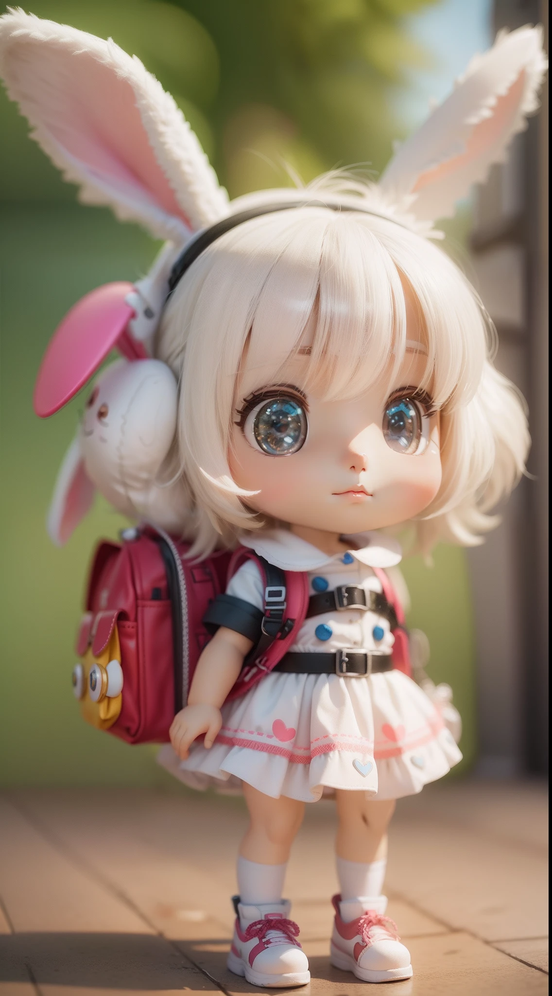 There is a white bunny doll with a backpack and backpack, cute 3 d render, render of a cute 3d anime girl, highly detailed character, Cute detailed digital art, cute character, 3 d render stylized, Female explorer mini cute girl, original chibi bunny girl, soft 3d render, Cute! C4D, Stylized anime, Rendered in redshift