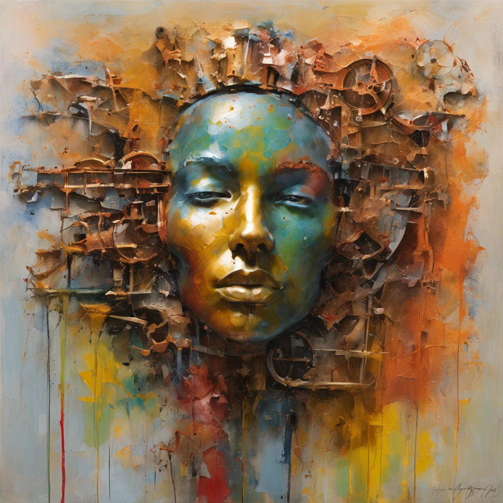 3d puzle , staring beauty woman , redhead, Ogive explosive, Machine parts embedded in the face, Dramatic artwork, photomanipulation, Manipulation de photos, Disintegration,, official artwork, incredibly high detailed, Photoshop Art, effet de bruit, dark blue