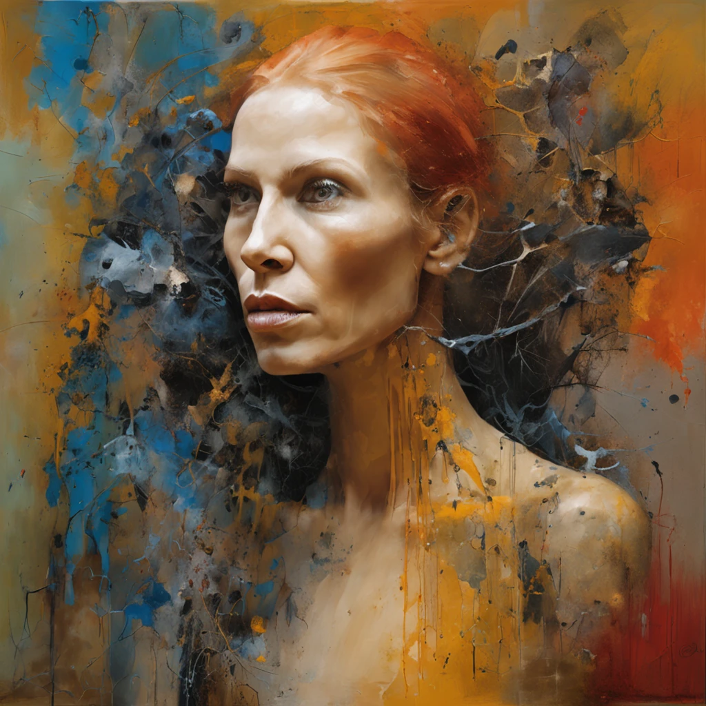3d puzle , staring beauty woman , redhead, Ogive explosive, Machine parts embedded in the face, Dramatic artwork, photomanipulation, Manipulation de photos, Disintegration,, official artwork, incredibly high detailed, Photoshop Art, effet de bruit, dark blue