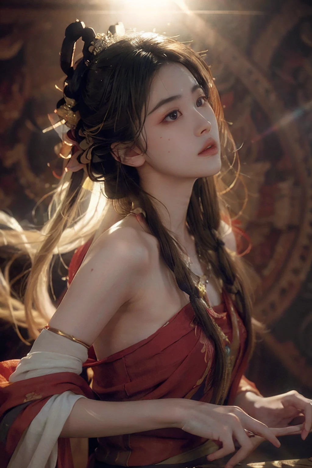 nsfw,(RAW photo, best quality),(realistic, photo-realistic:1.3),best quality,highly detailed,masterpiece,ultra-detailed,illustration,1girl,upper_body,dynamic angle,world masterpiece theater,messy_long_hair,best quality,extremely detailed CG unity 8k wallpaper,ink,Amazing,cinematic lighting,lens_flare,dunhuang_style,