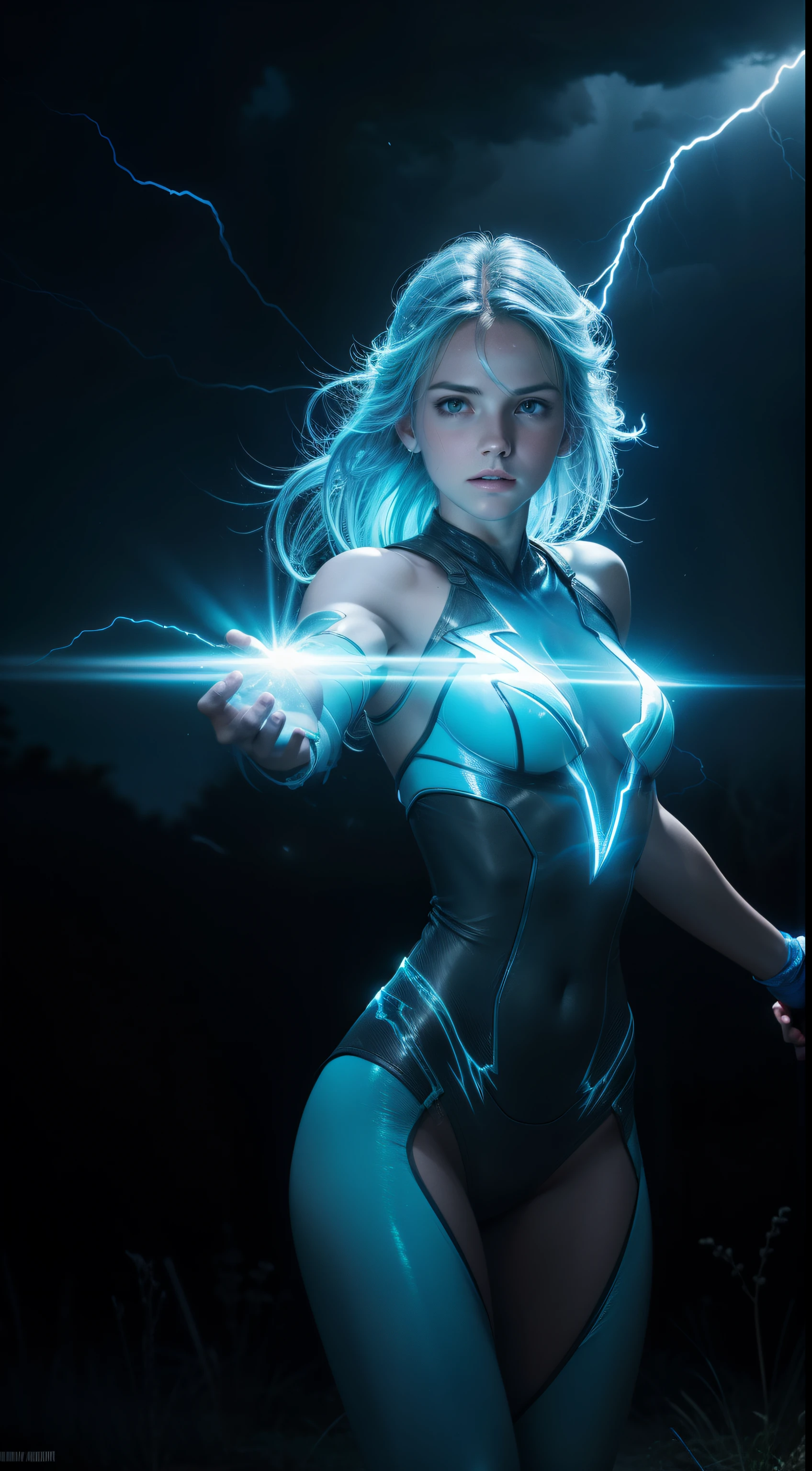 the blue energy human body, front facing, full body, girl, nature, subsurface scattering, transparent, translucent skin, glow, bloom, Bioluminescent liquid,3d style, warm color, vibrant, volumetric light, inside lightning, a huge amount of lightning shoots out of her hand and hits the ground, lightning and thunderbolts all around, outdoor, in a park