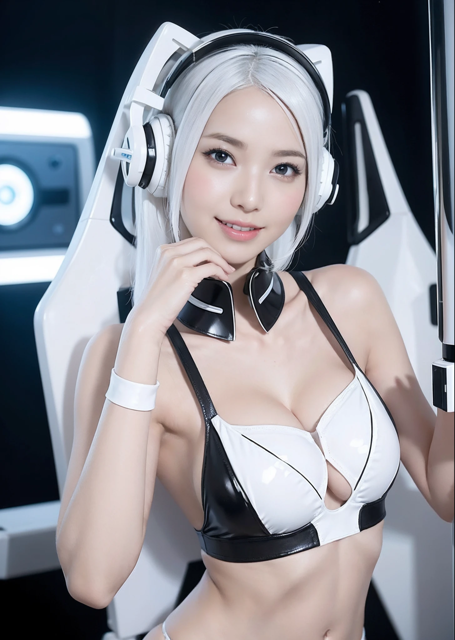 NSFW,(cammel toe),Beautie,The seductive woman raised her hand happily,Beautiful Women in Perfect Figure,Beautiful white skin,Beautiful eyes,Glossy lips,Lovely smile,White hair,Bikini futuristic Lolita costume with white and black design,Headphones with functionality,Inside the spaceship