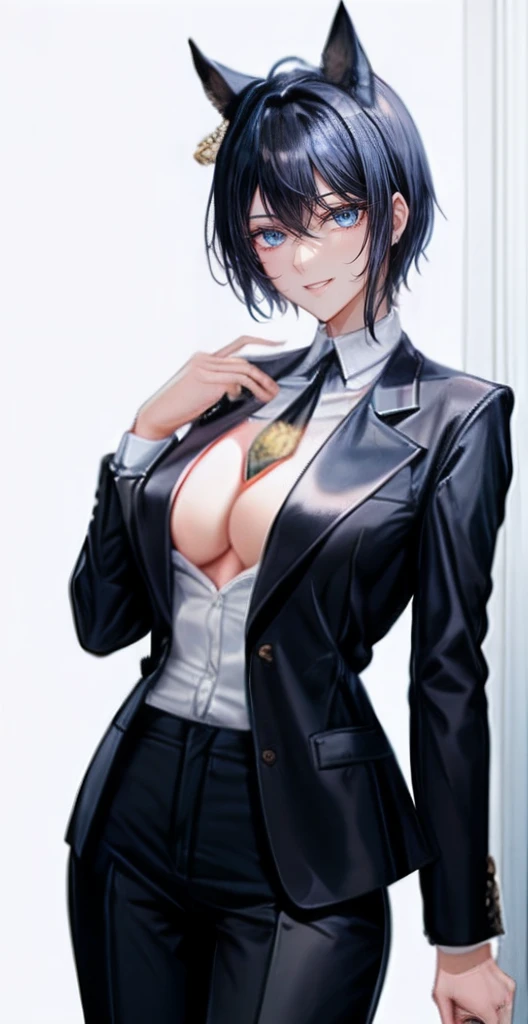 Black trousers with a golden chain、white shirt with boldly open chest,,,,,,、I can see the cleavage、Black suit jacket、爆乳、Cartoon photos of women, Delicate androgynous girl、Beautiful androgynous girl,Short-cut black hair、Green Short Tie、Black horse ears、Black horse tail from the ass、Silver extension in the middle of the hair、Blue eyes、sexy  pose、Inviting eyes、Thin smile