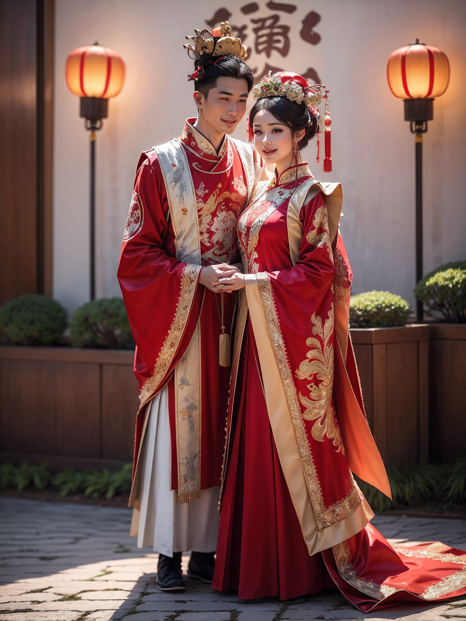 (Best quality: 1.1), (Realistic: 1.1), (Wedding: 1.1), (highly details: 1.1), 1 man and 1 woman get married,Stand in front of a Chinese-style building, closeup of face,Clear facial features,Happy smile, Look at each other affectionately,A man dresses in ancient costumes in red and gold,A woman wears a red-gold ancient long dress,with a crown on her head, Chinese courtyard in the background,Red lanterns,Super clear,8K