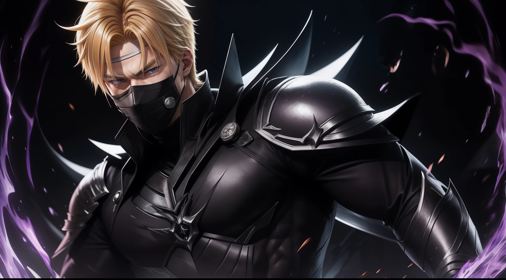 The most perfect work of art, the most detailed, the highest resolution, everything clear :Blonde hair Kurosaki Ichigo upper body, perfect body 20 years old handsome face, one side of the face wearing a mask, cold, fiery eyes, central, shadow overseer, full-body black outfit reflecting hellfire and purple-black lightning.