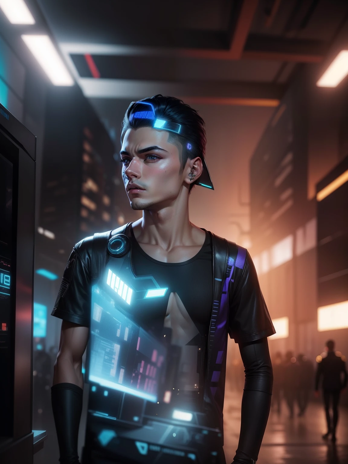 Change background to cyber punk handsome boy with ultra realistic face and focused eyes sharp jawline same face