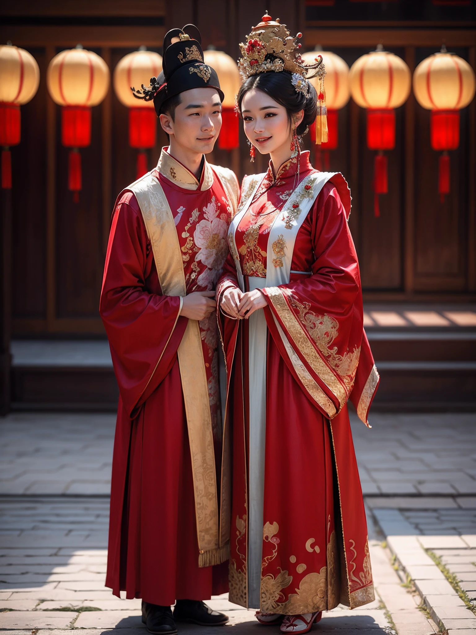 （Best quality: 1.1), (Realistic: 1.1), (Wedding: 1.1), (highly details: 1.1), 1 man and 1 woman get married，Stand in front of a Chinese-style building, closeup of face，Clear facial features，Happy smile, Look at each other affectionately，A man dresses in ancient costumes in red and gold，A woman wears a red-gold ancient long dress，with a crown on her head, Chinese courtyard in the background，Red lanterns，Super clear，8K