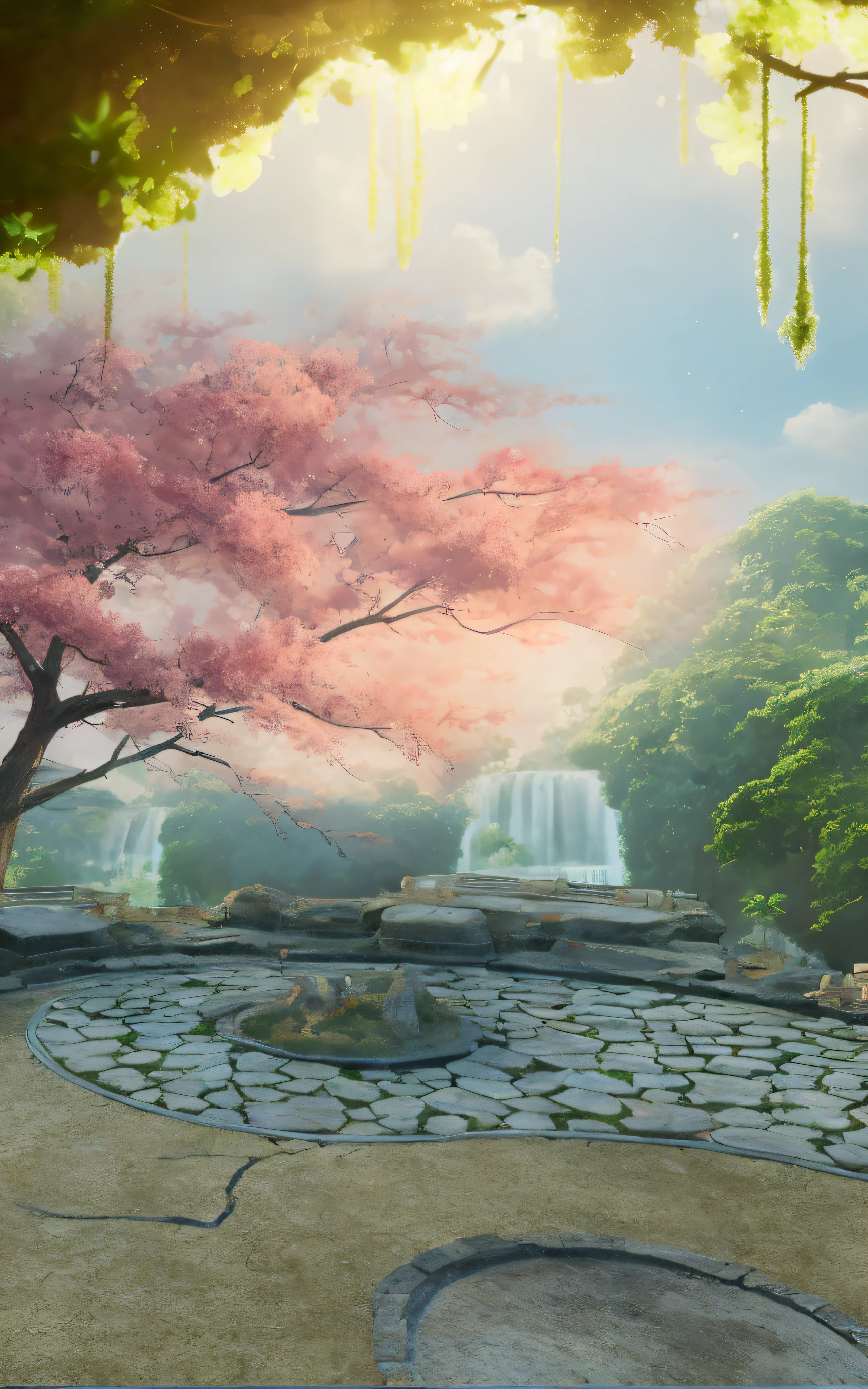 There is a large tree in the middle of the circular area, background artwork, Zen temple background, highly detailed environments, sakura season dynamic lighting, arte de fundo, Cherry blossom forest, 3 d virtual landscape painting, background environment. 8 k'', illusory engine ; romantic motifs, stunning arcanum backdrop, realistic fantasy rendering, Unreal Engine fantasy art