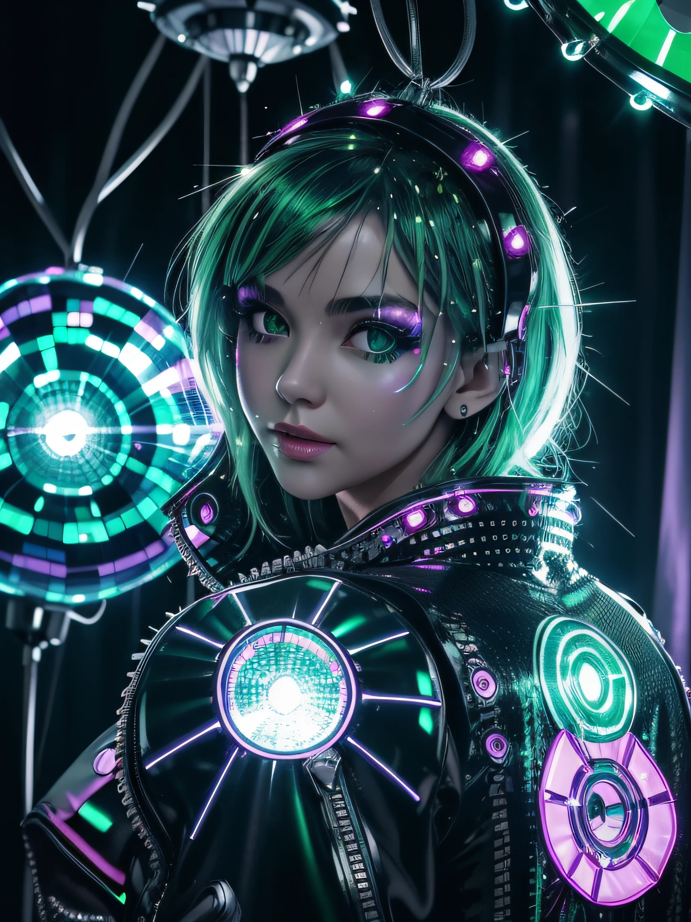 portrait | wide angle shot of eyes off to one side of frame, lucid dream-like woman, looking off in distance | daydreampunk with glowing skin and eyes, styled in headdress, beautiful, she is dripping in neon lights, very colorful blue, green, purple, bioluminescent, glowing background | forest, vivid neon wonderland, particles, blue, green, purple| rule of thirds, golden ratio, assymetric composition, hyper- maximalist, octane render, photorealism, cinematic realism, unreal engine, 8k