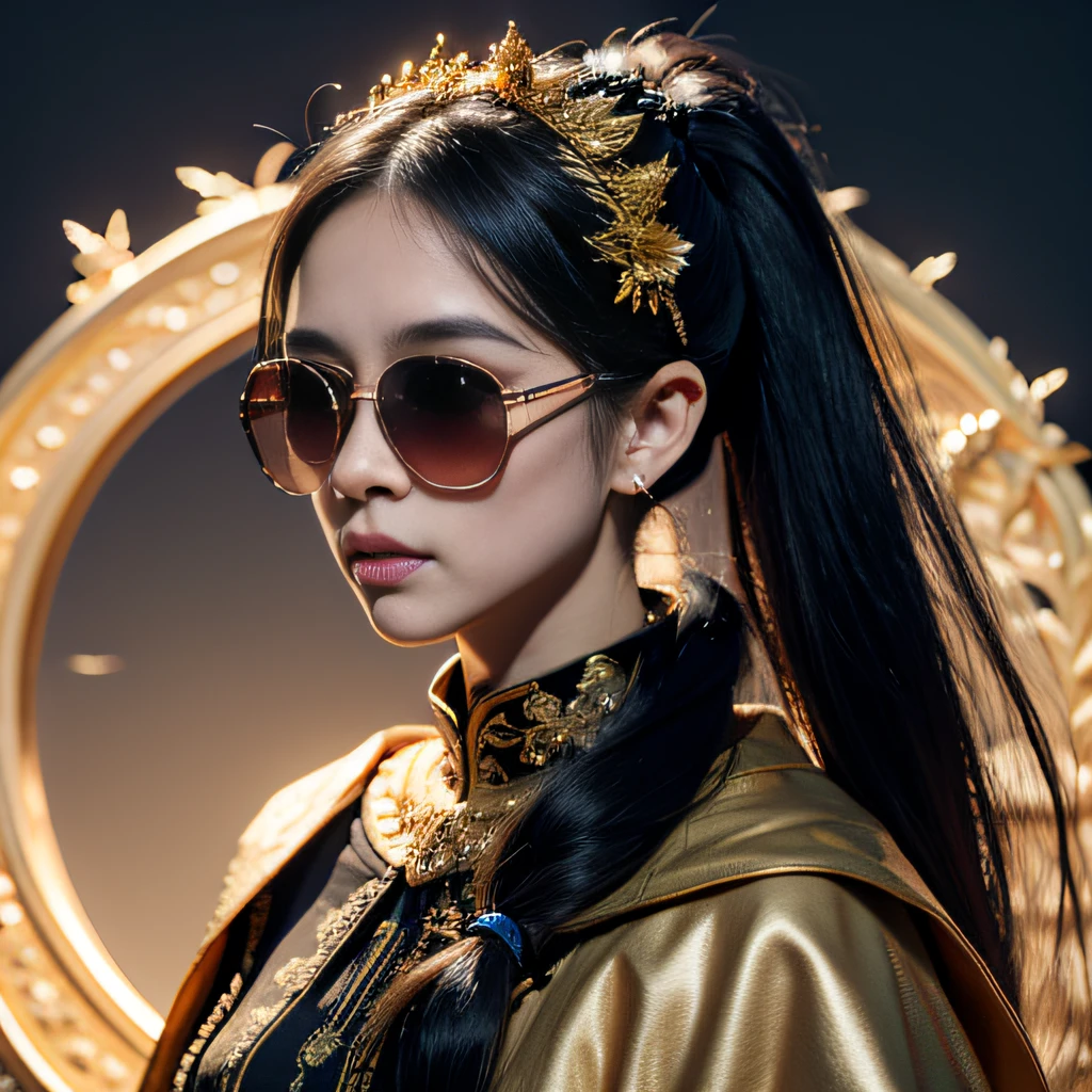 ponds，32K（tmasterpiece，k hd，hyper HD，32K）Burgundy double ponytail，flower stick，Indigo Skull King ，Hold the heavy wooden steering wheel （The skeleton is realistic：1.4），Python pattern robe，Rusty skull ornaments，Sargin linen cloak，Petals flutter，Deep gold sunglasses，Hold your head high，Be proud，The nostrils look at people，A  and secondah resolution，Xueba， the detail， RAW photogr， Sharp Re， Nikon D850 Film Stock Photo by Jefferies Lee 4 Kodak Portra 400 Camera F1.6 shots, Rich colors, ultra-realistic vivid textures, Dramatic lighting, Unreal Engine Art Station Trend, cinestir 800，Hold your head high，Lateral face，Be proud，The nostrils look at people，Tsundere，Petals flutter，Petals flutter，Sprinkle with gold dust，Fluttering，Impeccable，( reasonable design, Clear lines, High sharpness,Best quality, Very detailed skeleton, The skeleton of a masterpiece, offcial art, movie light effect, 8K skeleton（（（Platinum marble sunglasses）））Deep gold sunglasses，Side portrait