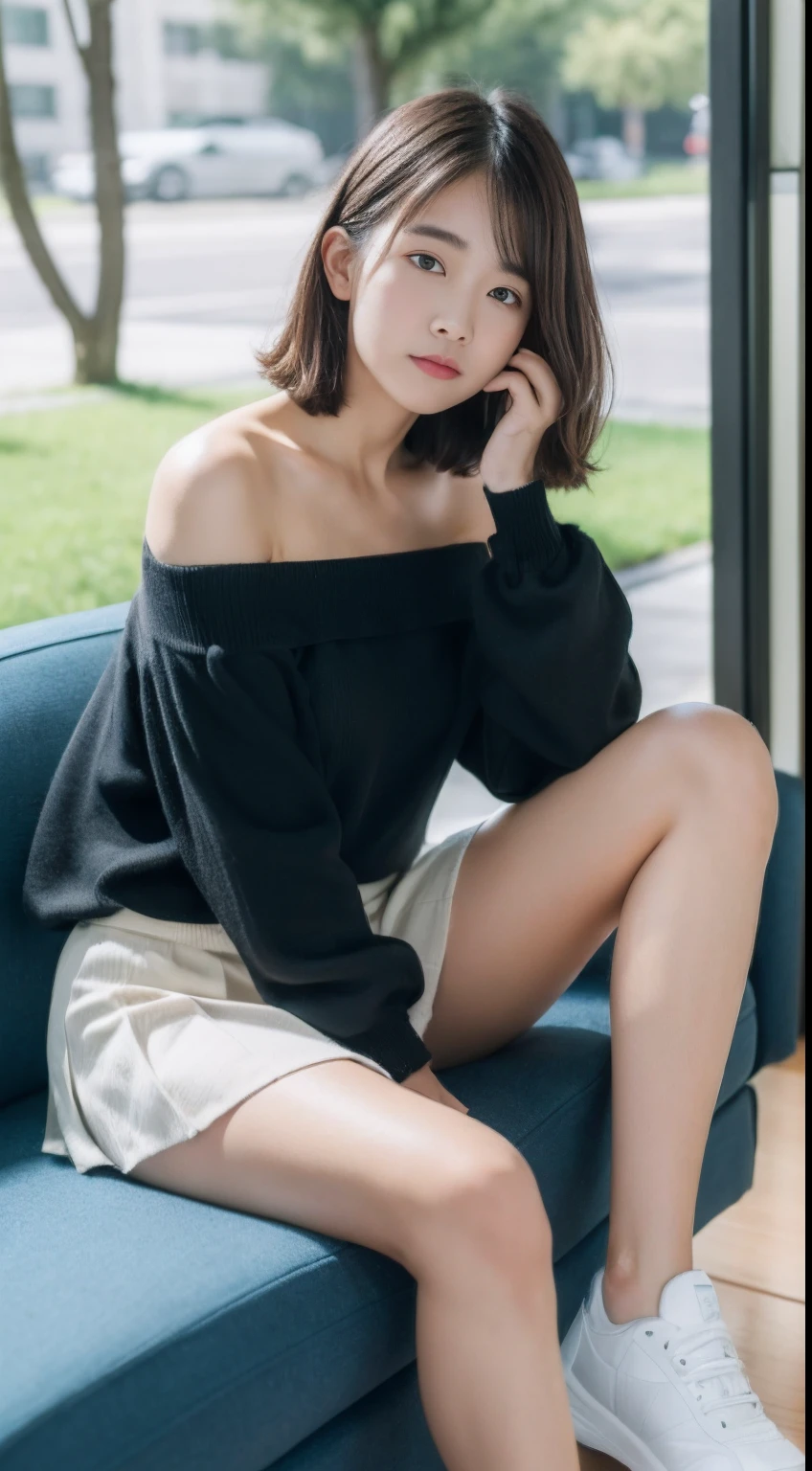 1 woman,Sitting on a comfortable sofa,Cross your legs.,soft light