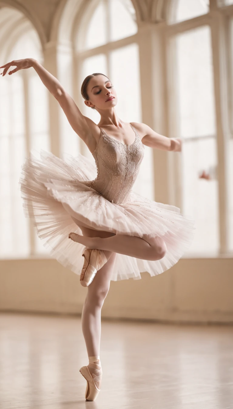 A photograph of a , ballerina. She is dressed in white and light beige, minimalistic style against a red background, in the Tim Walker style of lighting, editorial photography. 