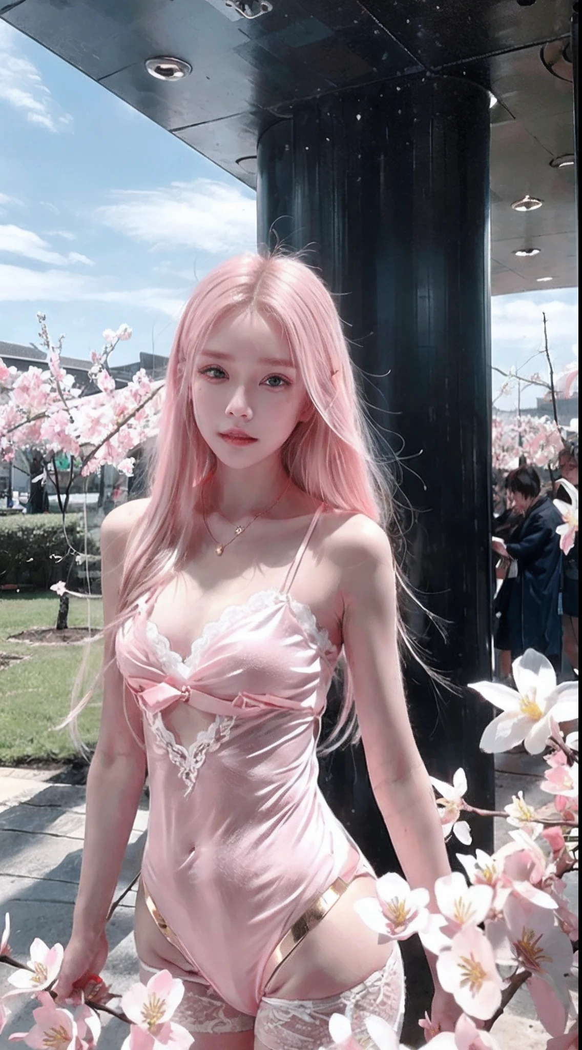 (Long blonde hair+Small pink flowers:1.3+Big red and blue eyes+Heterochromia+gold-wire glasses:1.2+Intellectual beauty:1.1),under a sakura tree,Sideslit,lace legwear