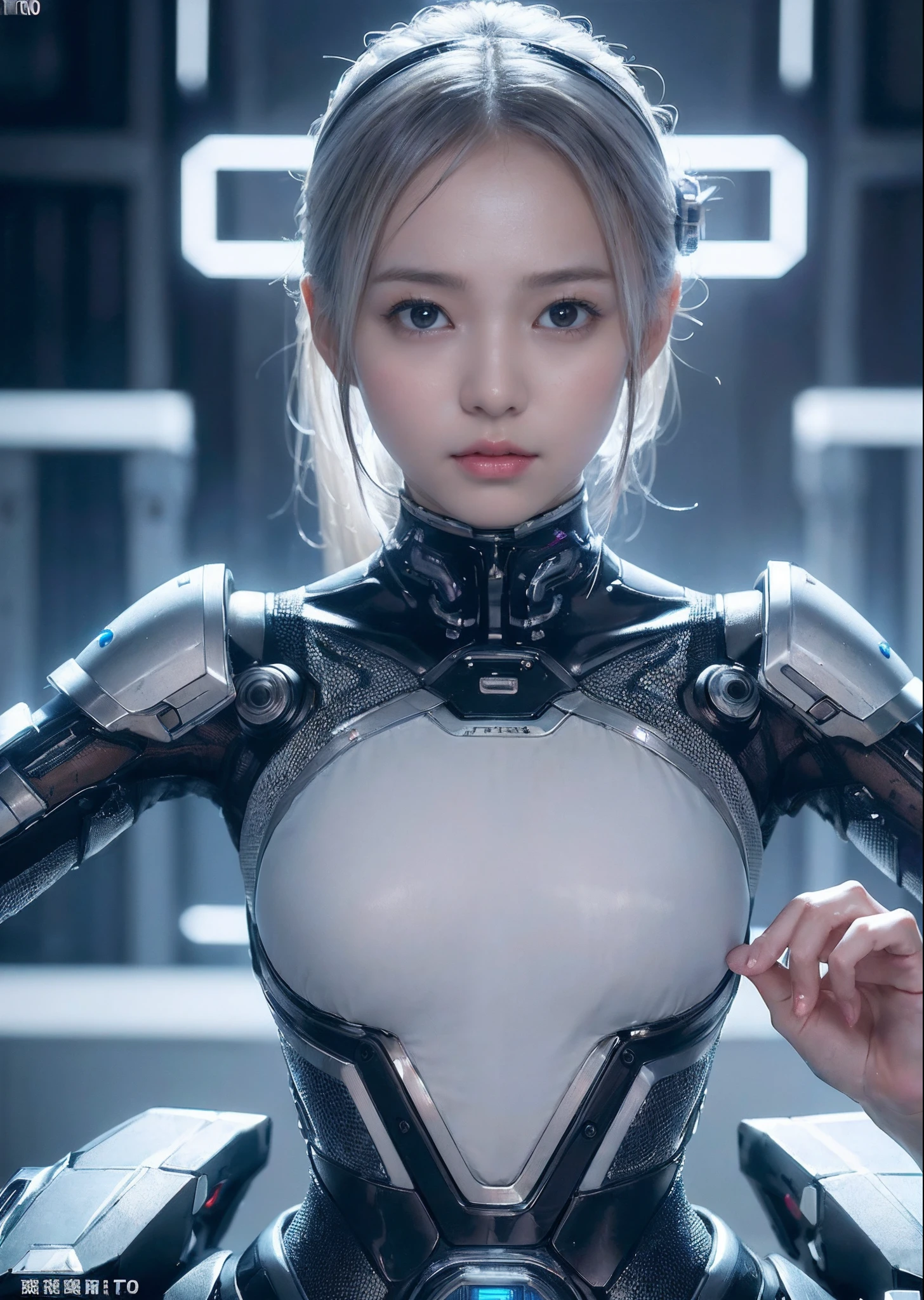 Top quality, masterpiece, tank armor muscular bodybuilder female, beautiful female robot with skin face, cyborg upper body, body covered with transparent acrylic body. face is skin. Tensile muscles, metal tendons, heart, line tubular blood vessels and nerves are visible.