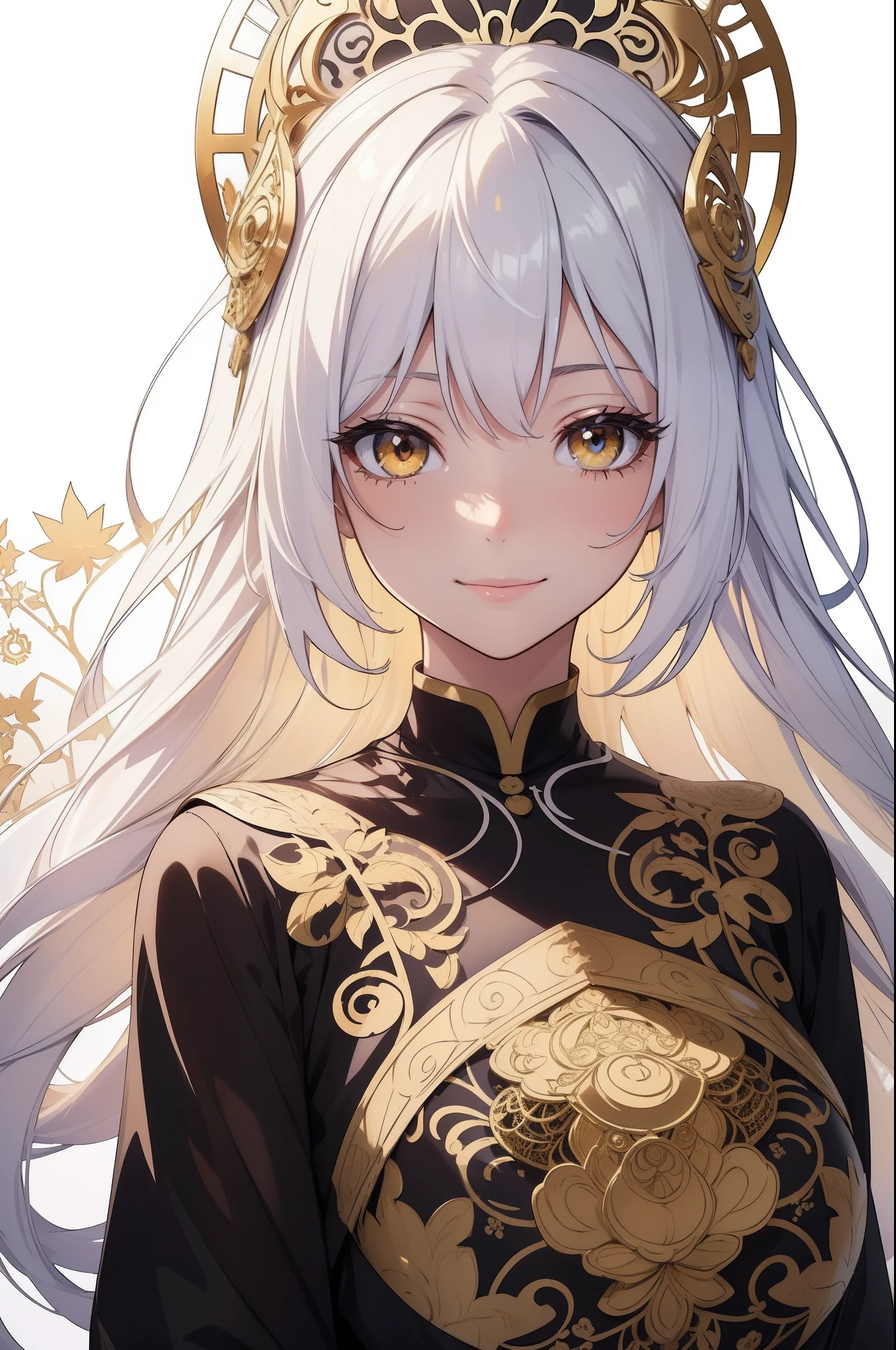 (masutepiece), (Best Quality), (White background:1.4),(Silhouette of a girl's head, Happy smiling face, Looking to the Viewer, Colorful long straight hair, Contemporary Girl)，(Big yellow crystal eyes), (Long Platina Blonde Straight Hair), (Art Nouveau illustration:1.4，paper art:1.2),(Reasonable design, fine and delicate lines, High Sharpness,Best Quality, Very detailed, masterpiece, Movie Light Effects, 8K ), Autumn air, Autumn flowers and leaves, (3D), Colorful, Falling soft sun rays, Happy, (complicated ultra detailed zen tangle art:1.4)